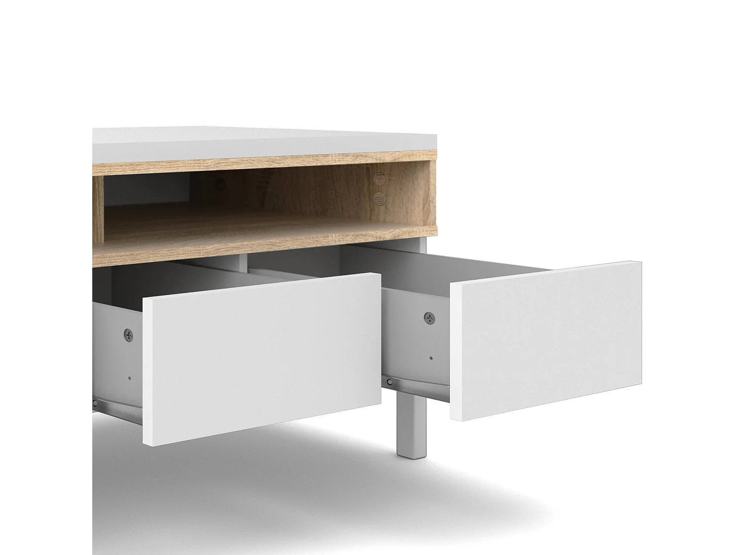 Meuble TV Dtoffani, Buffet de salon, Armoire basse pour TV, Base murale de rangement, 156x48 h48 cm, Blanc et chêne