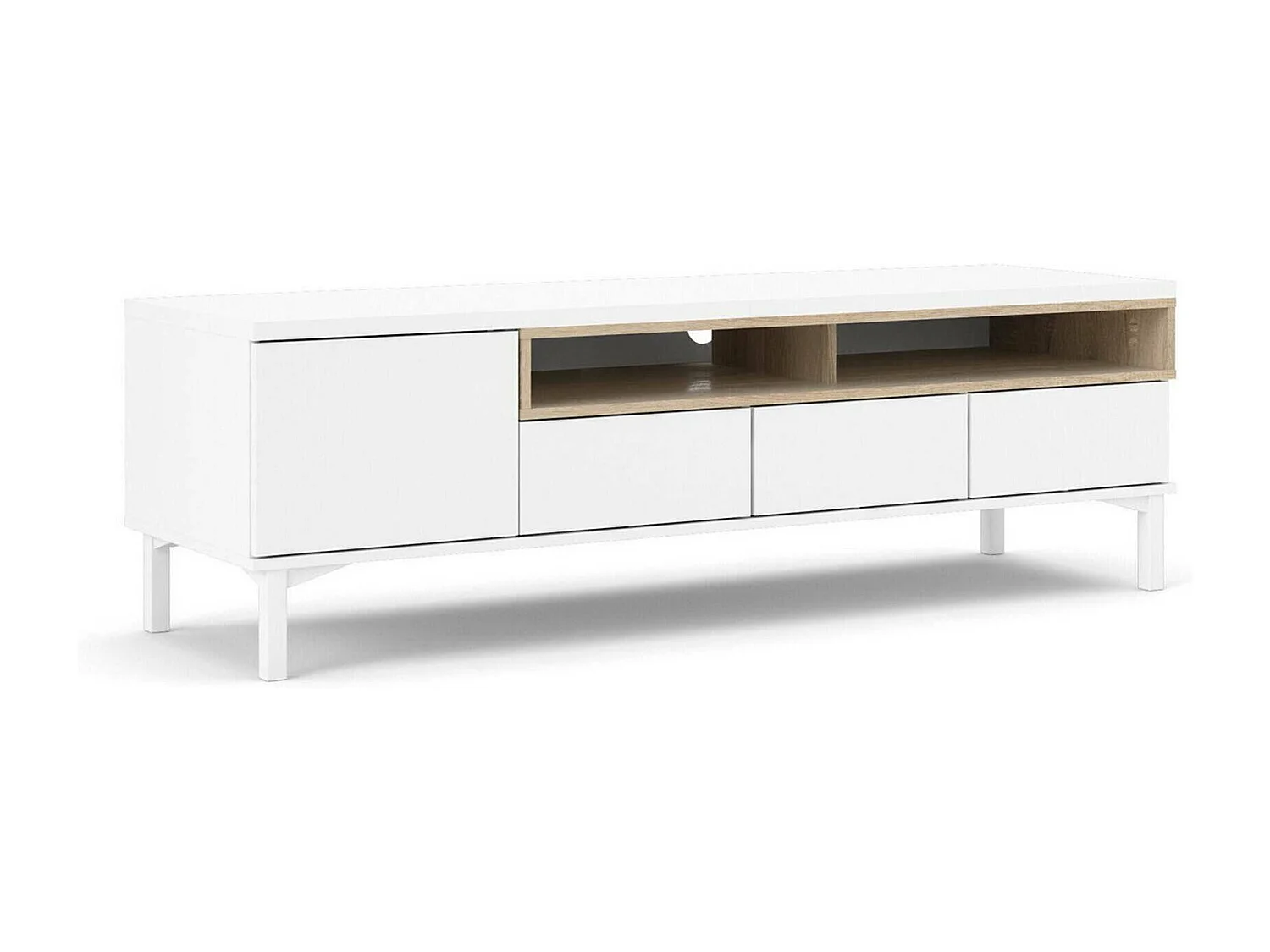 Dtoffani TV-meubel, Woonkamerdressoir, Lage tv-kast, Uitgeruste muurbasis, 156x48 h48 cm, Wit en Eiken