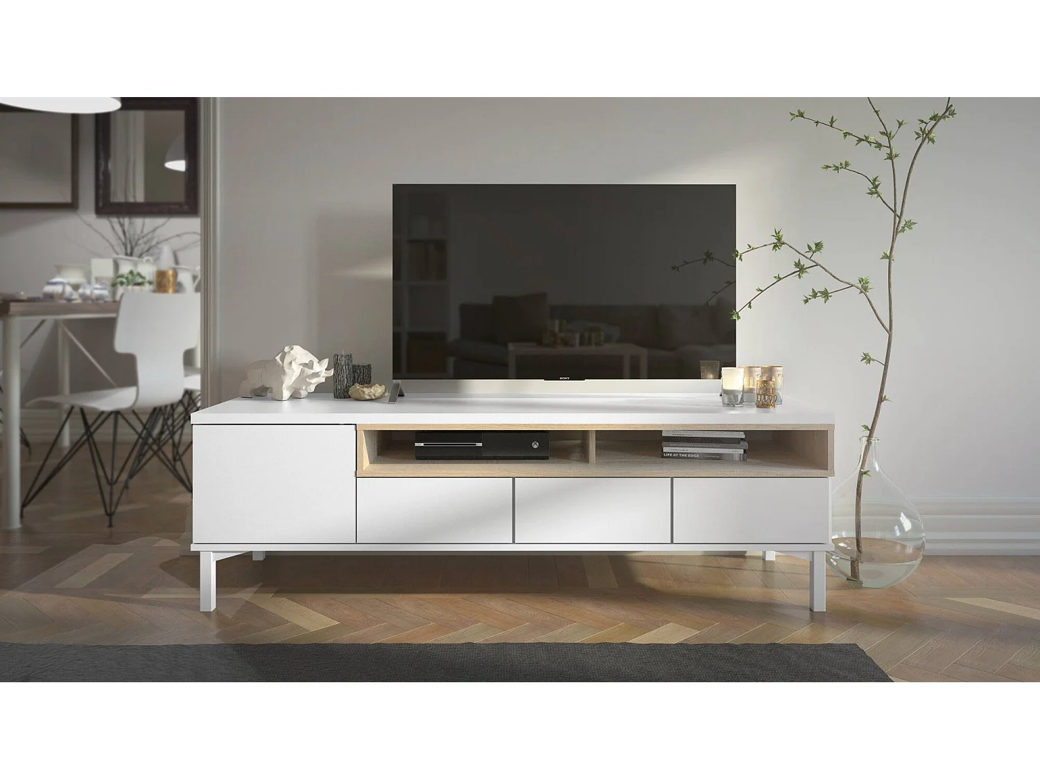 Dtoffani TV-meubel, Woonkamerdressoir, Lage tv-kast, Uitgeruste muurbasis, 156x48 h48 cm, Wit en Eiken
