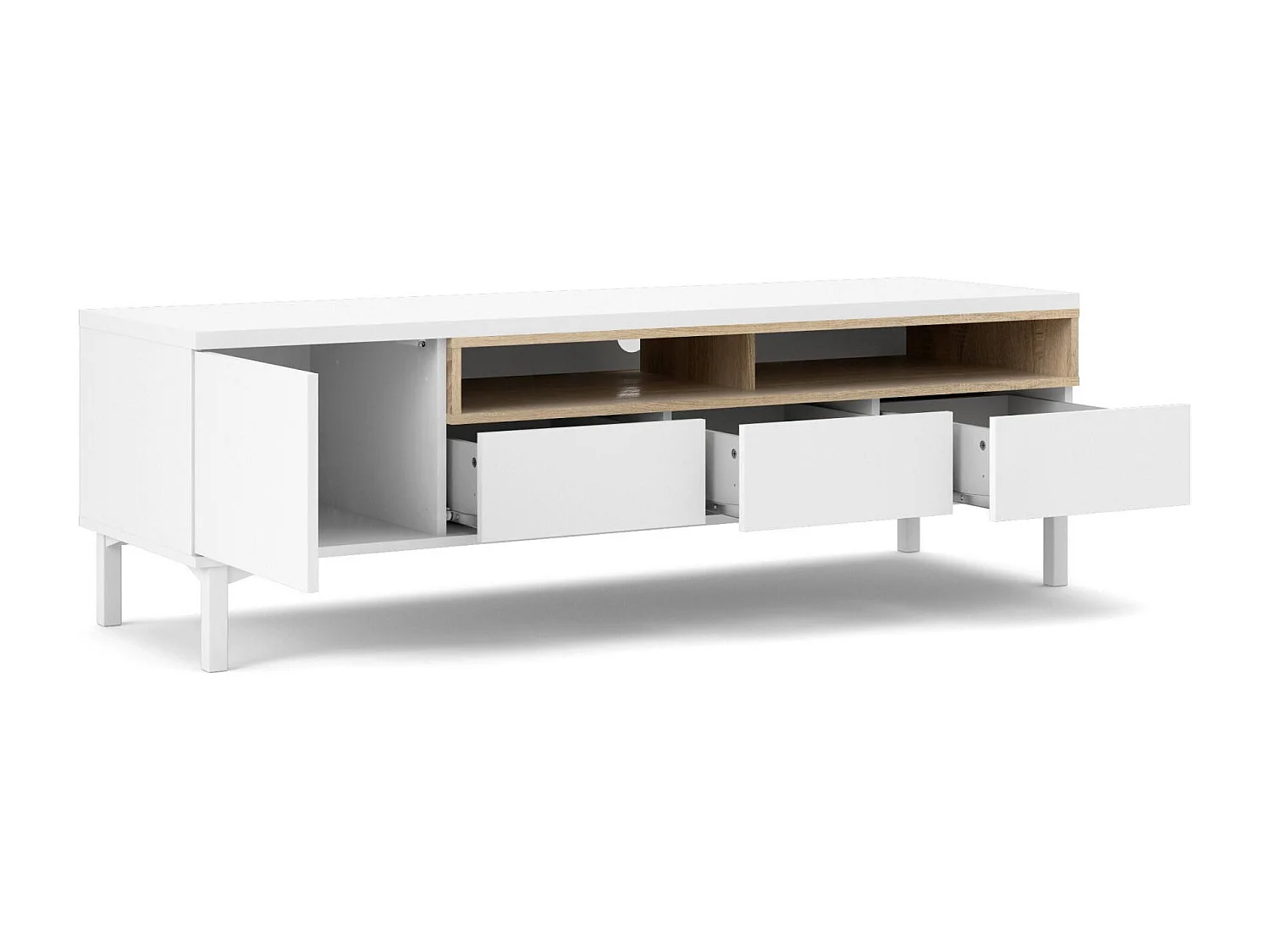 Dtoffani TV-meubel, Woonkamerdressoir, Lage tv-kast, Uitgeruste muurbasis, 156x48 h48 cm, Wit en Eiken