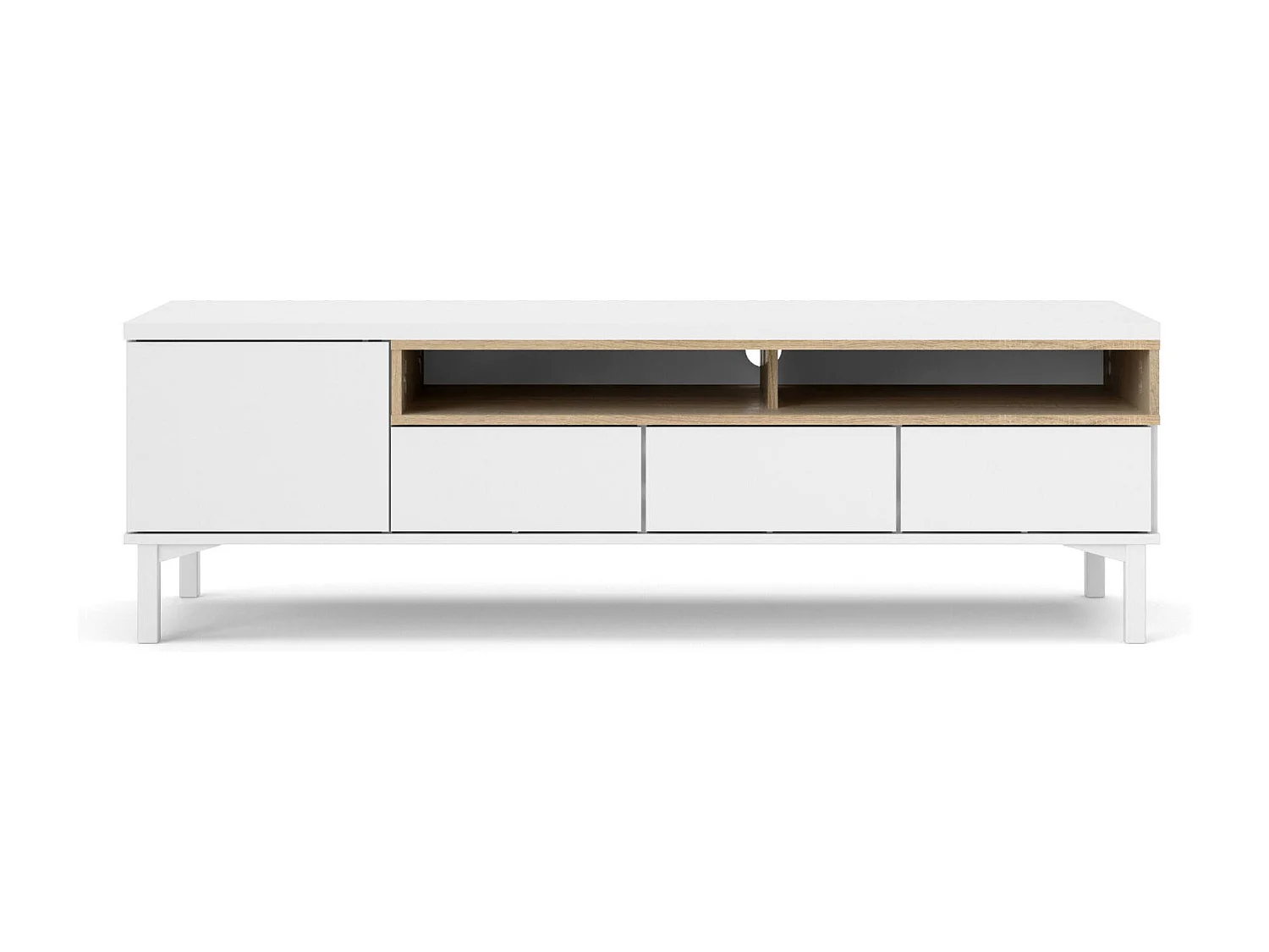 Dtoffani TV-meubel, Woonkamerdressoir, Lage tv-kast, Uitgeruste muurbasis, 156x48 h48 cm, Wit en Eiken