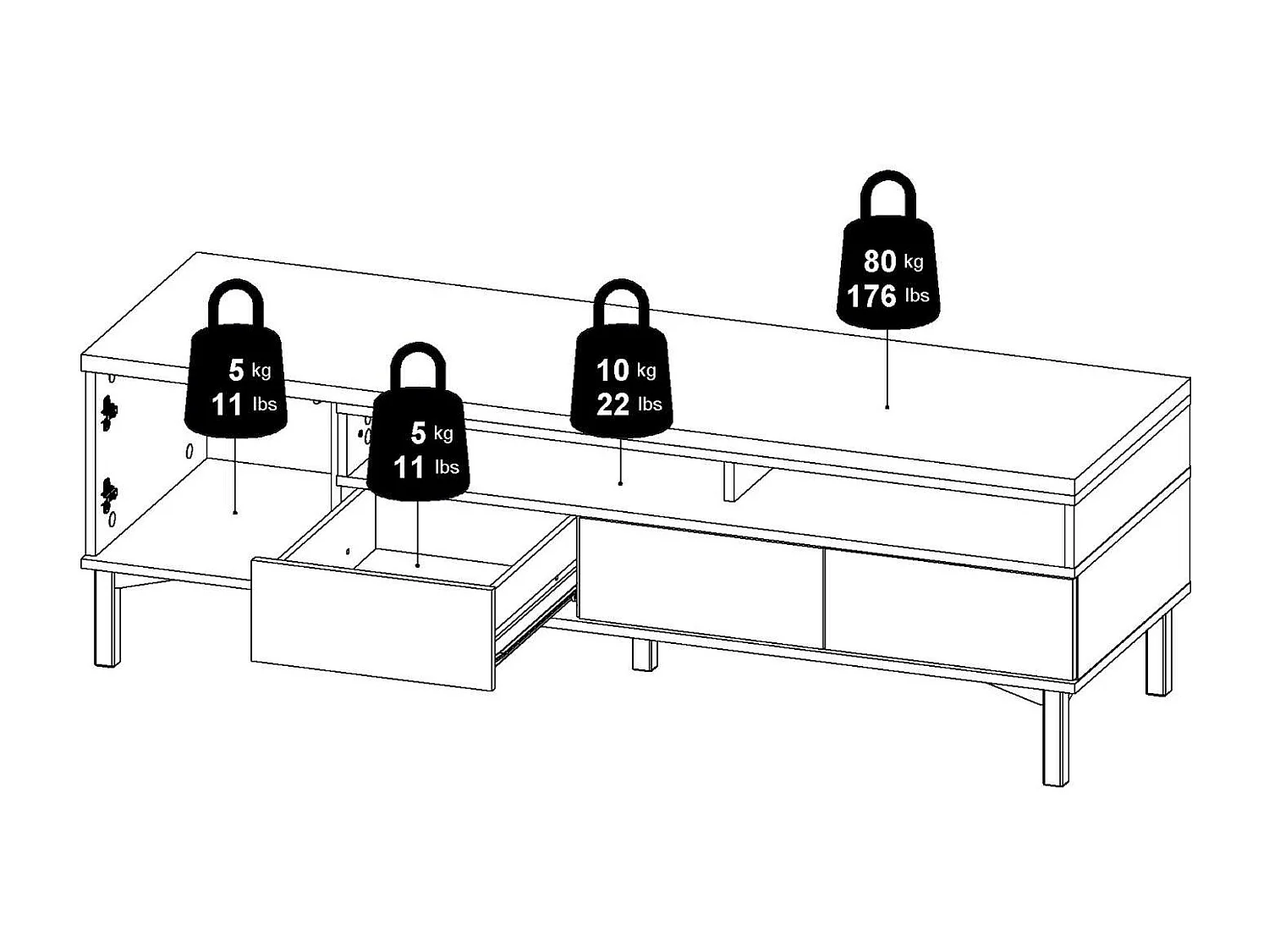 Dtoffani TV-meubel, Woonkamerdressoir, Lage tv-kast, Uitgeruste muurbasis, 156x48 h48 cm, Wit en Eiken