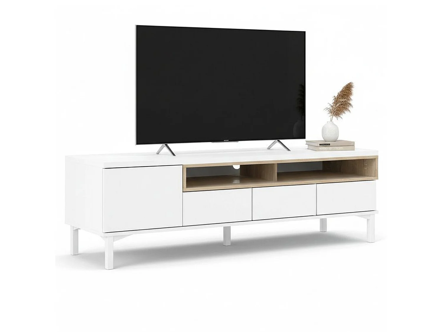 Móvel TV Dtoffani, Aparador sala, Armário baixo para TV, Base de parede equipada, 156x48 h48 cm, Branco e Carvalho