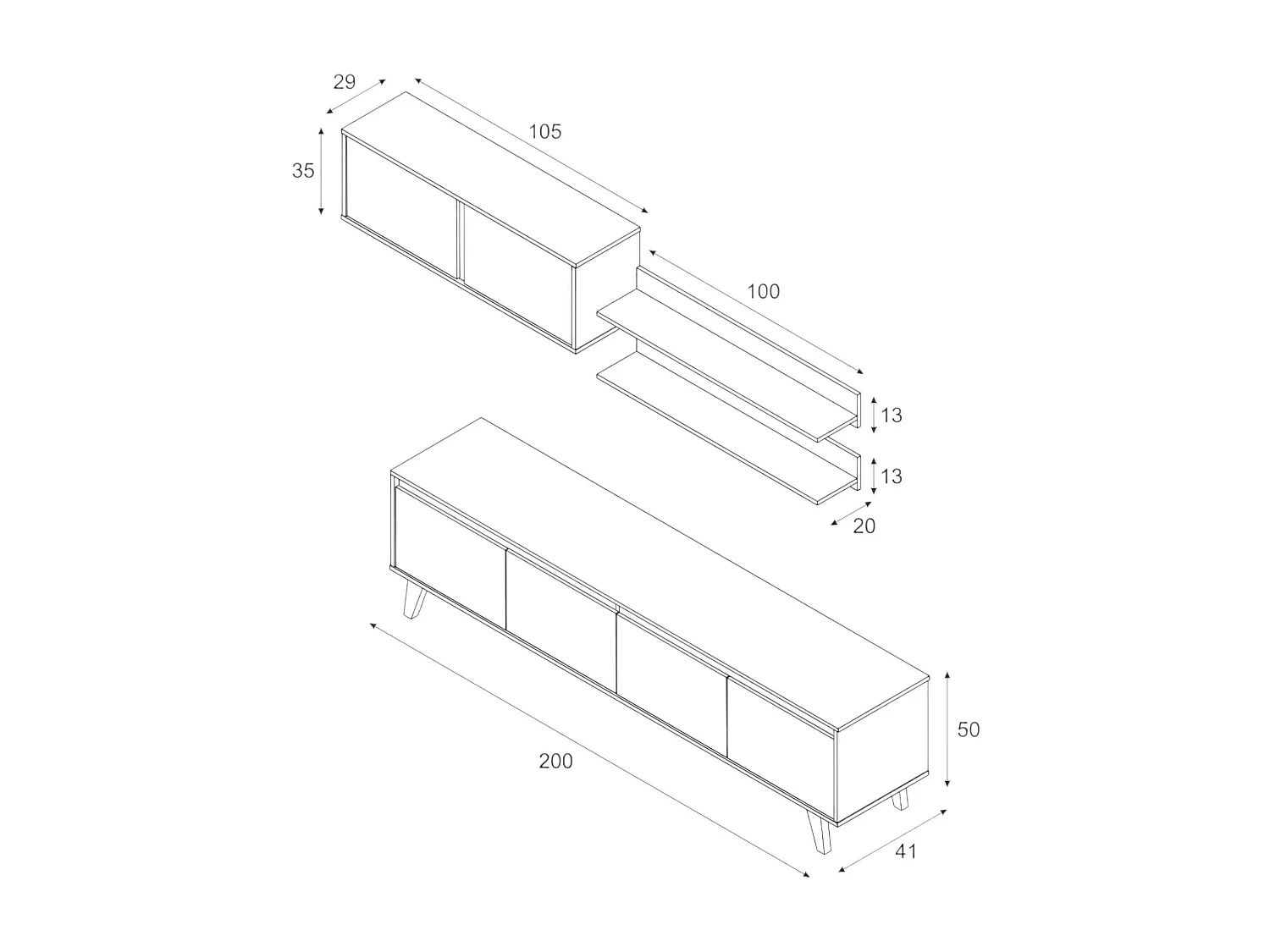 Sistema de parede Orlando, móvel de sala de TV, Composição de sala com móvel de parede e prateleira, 200x50h41 cm, Branco e Carvalho