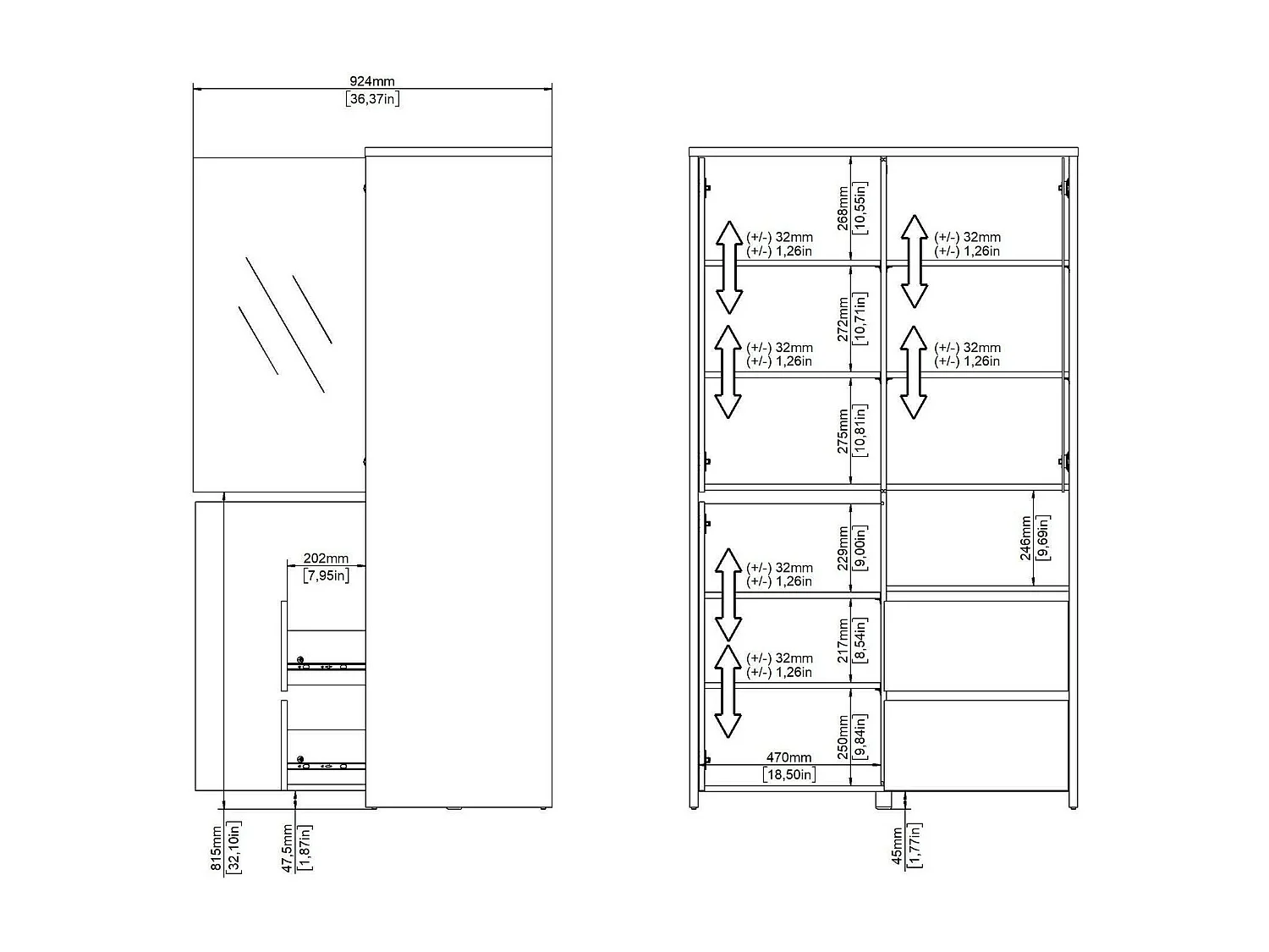 Dvecin vitrinekast, Vitrinekast, Multifunctionele vitrinekast, Woonkamerdressoir, 100x48 h170 cm, Eiken en Wit