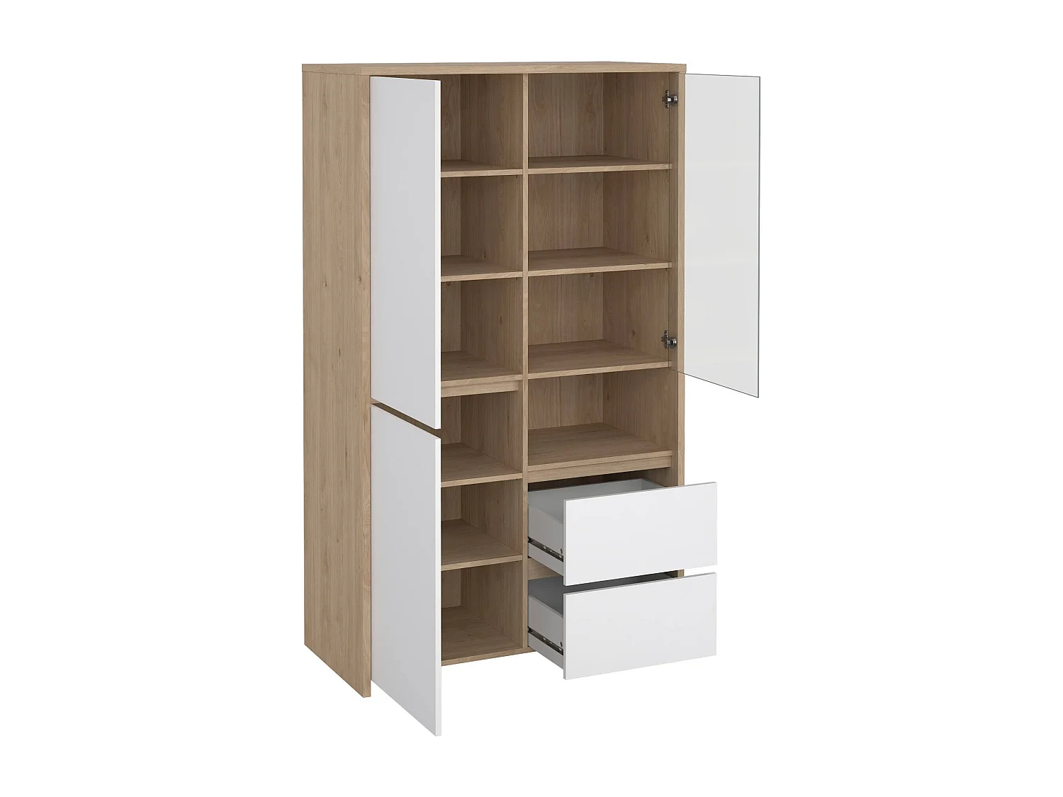 Vitrine Dvecin, Buffet d'exposition, Vitrine polyvalente, Buffet de salon, 100x48 h170 cm, Chêne clair et Blanc