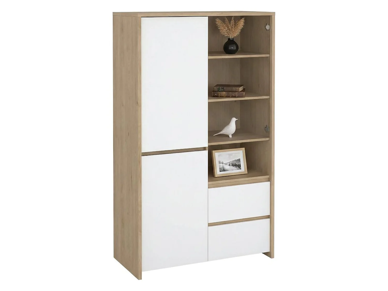 Vitrine Dvecin, Buffet d'exposition, Vitrine polyvalente, Buffet de salon, 100x48 h170 cm, Chêne clair et Blanc