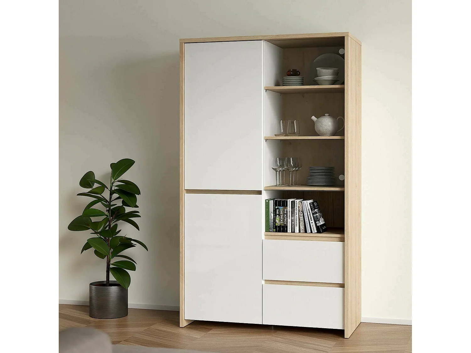 Vitrine Dvecin, Buffet d'exposition, Vitrine polyvalente, Buffet de salon, 100x48 h170 cm, Chêne clair et Blanc