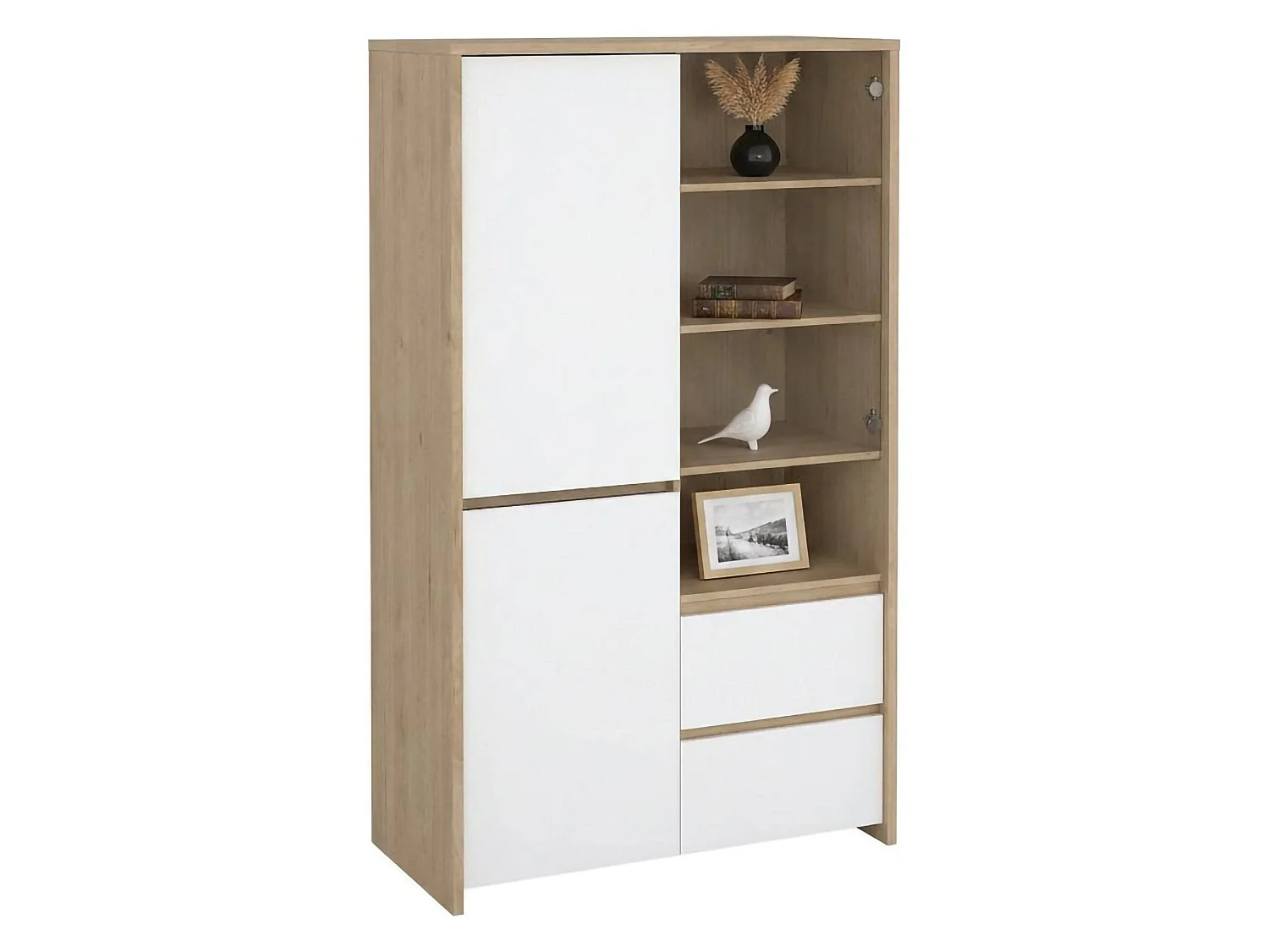 Vitrine Dvecin, Buffet d'exposition, Vitrine polyvalente, Buffet de salon, 100x48 h170 cm, Chêne clair et Blanc