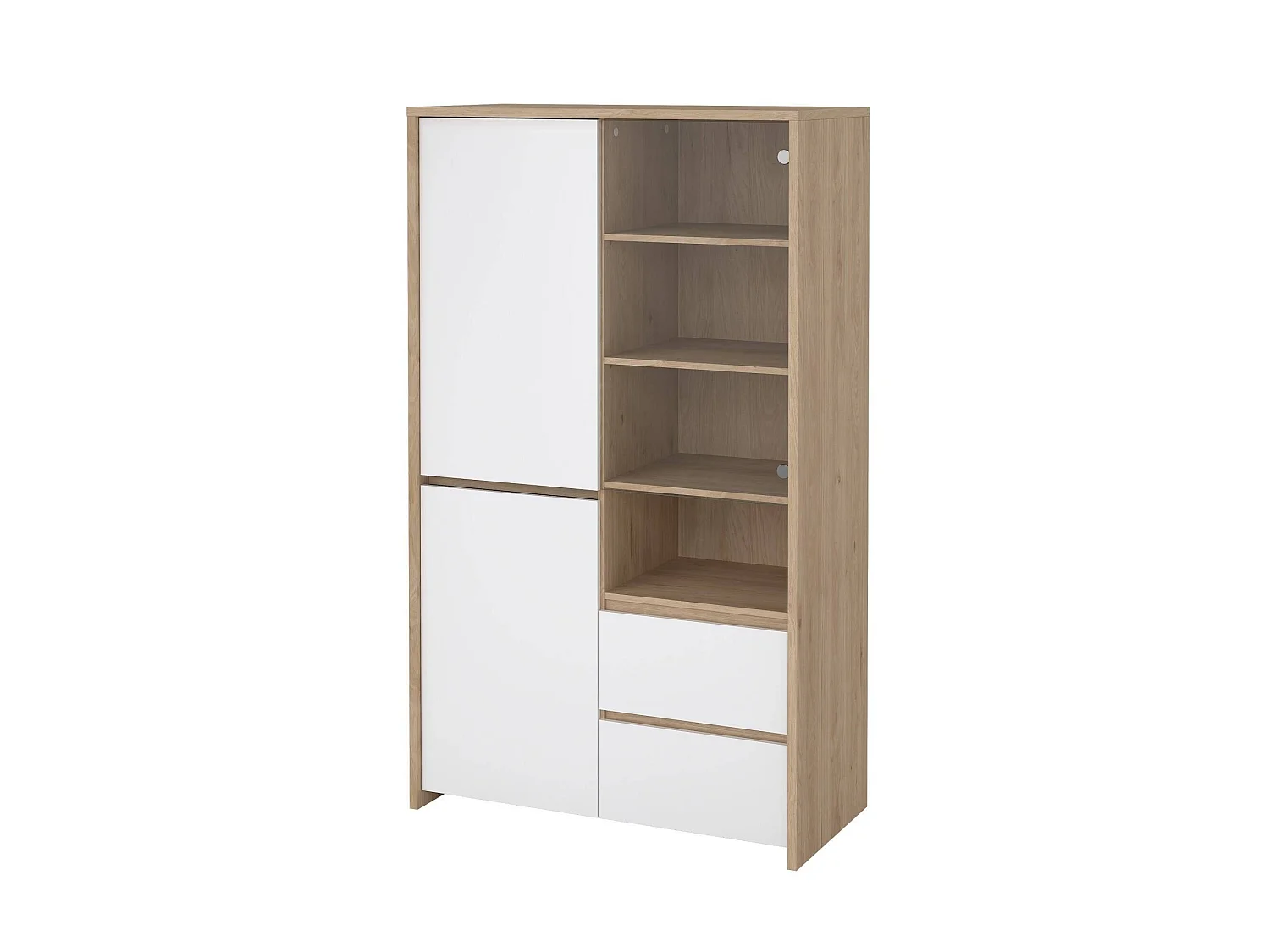 Vitrine Dvecin, Buffet d'exposition, Vitrine polyvalente, Buffet de salon, 100x48 h170 cm, Chêne clair et Blanc