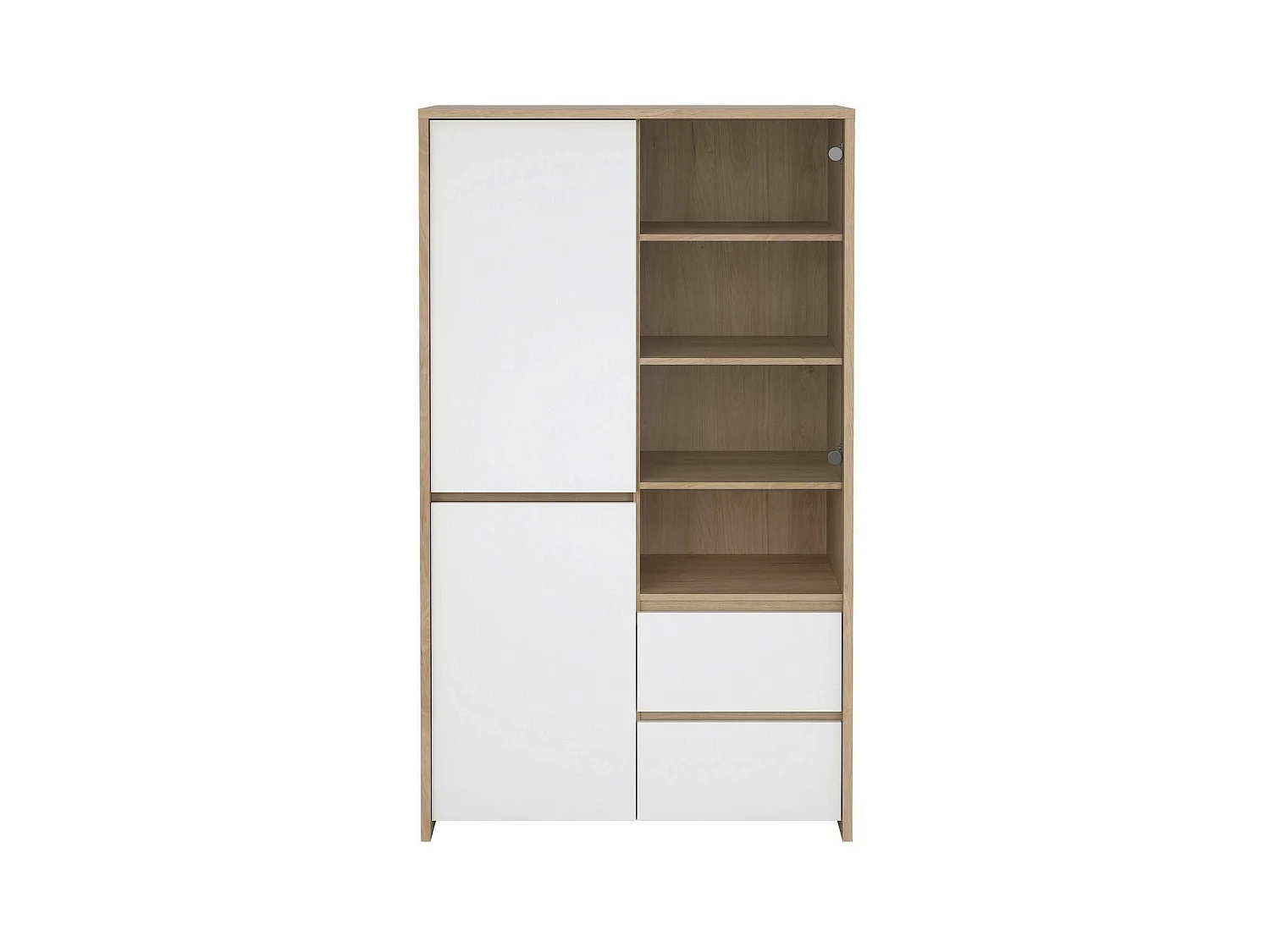 Vitrine Dvecin, Buffet d'exposition, Vitrine polyvalente, Buffet de salon, 100x48 h170 cm, Chêne clair et Blanc