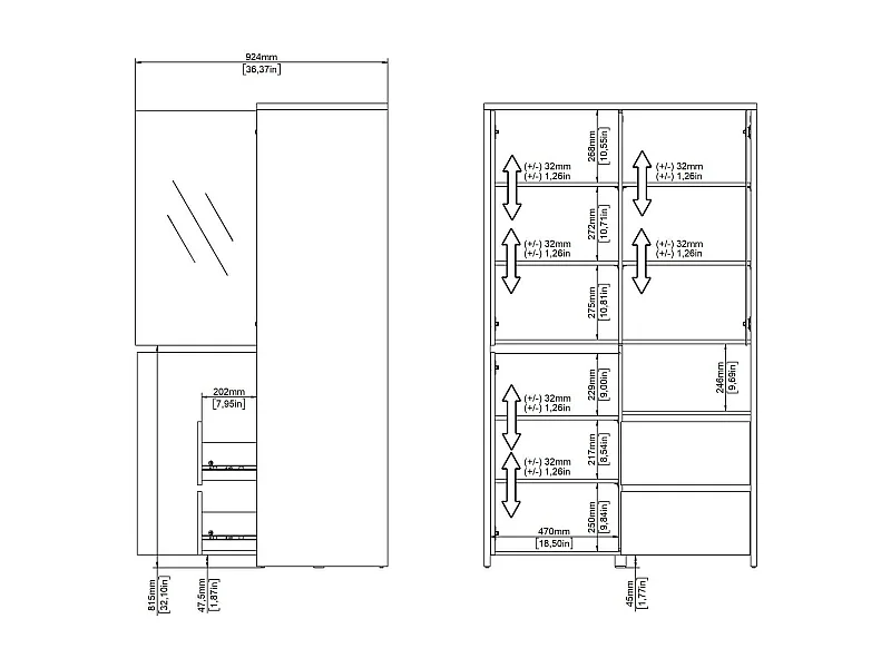 Dvecin vitrinekast, Vitrinekast, Multifunctionele vitrinekast, Woonkamerdressoir, 100x48 h170 cm, Eiken en Wit