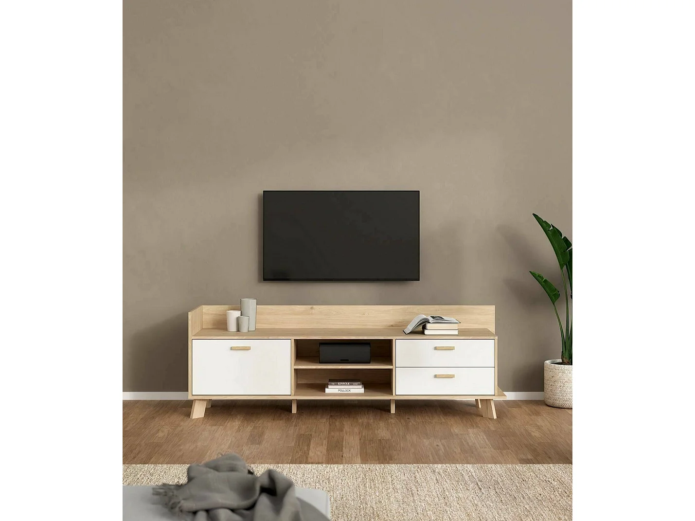 Meuble TV Dtestin, Buffet de salon, Armoire basse pour TV, Base murale de rangement, 182x51 h62 cm, Chêne clair et Blanc