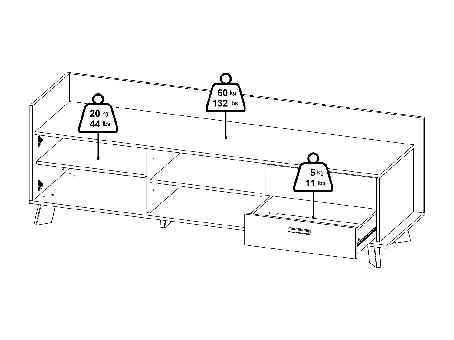 Meuble TV Dtestin, Buffet de salon, Armoire basse pour TV, Base murale de rangement, 182x51 h62 cm, Chêne clair et Blanc