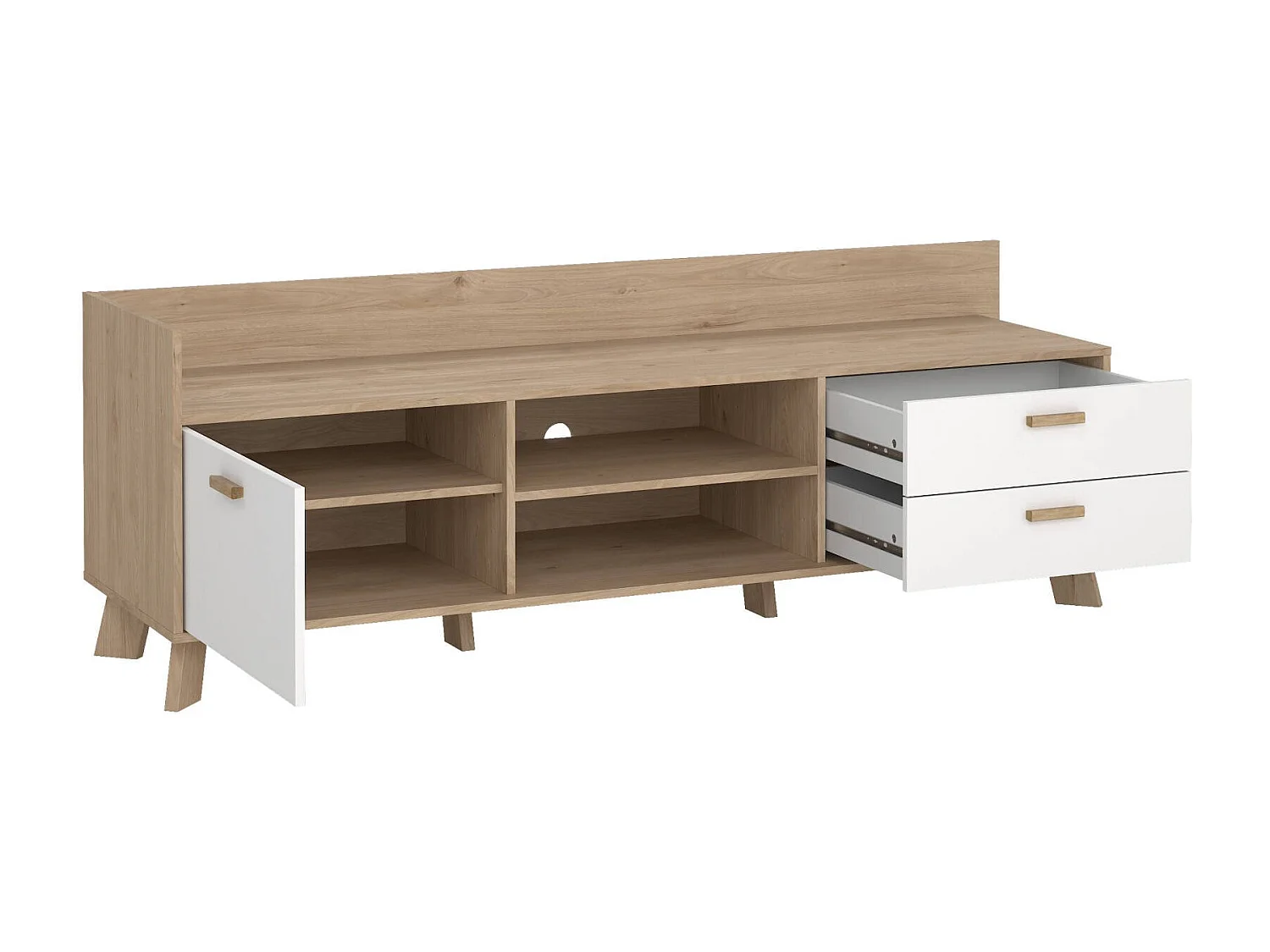 Meuble TV Dtestin, Buffet de salon, Armoire basse pour TV, Base murale de rangement, 182x51 h62 cm, Chêne clair et Blanc