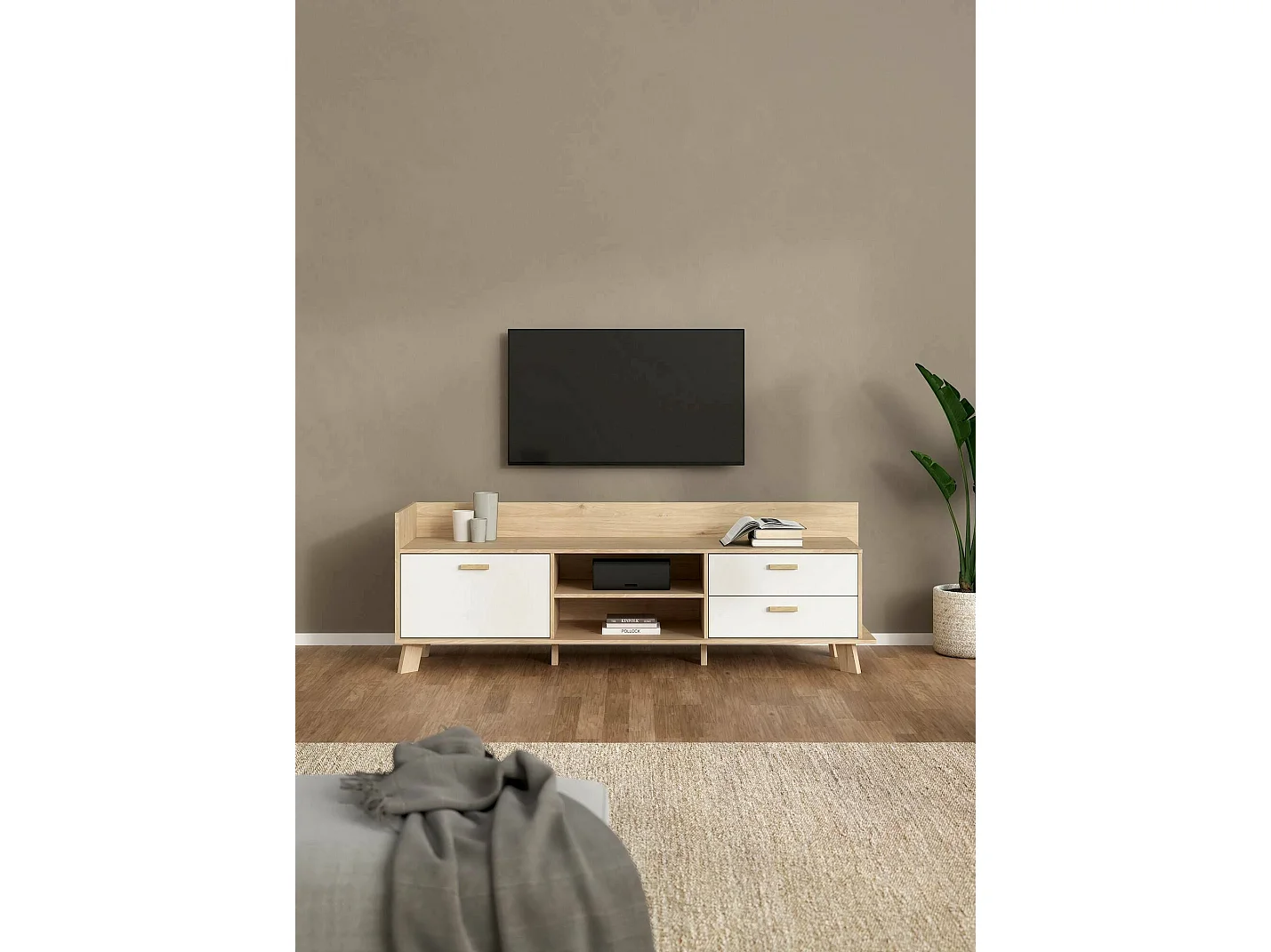 Meuble TV Dtestin, Buffet de salon, Armoire basse pour TV, Base murale de rangement, 182x51 h62 cm, Chêne clair et Blanc