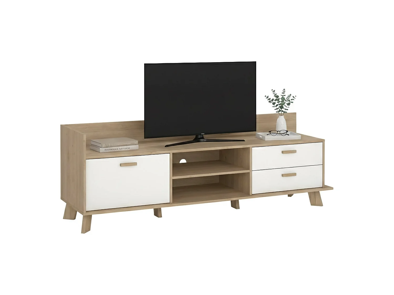 Meuble TV Dtestin, Buffet de salon, Armoire basse pour TV, Base murale de rangement, 182x51 h62 cm, Chêne clair et Blanc