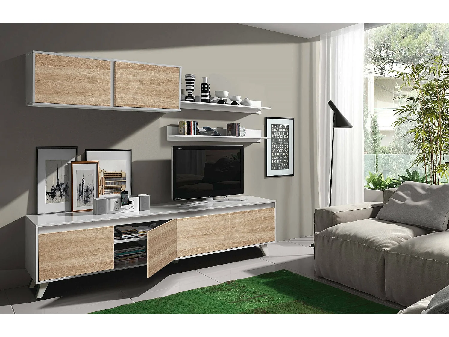 Sistema de parede Daless, móvel de sala de TV, Composição de sala com móvel de parede e prateleira, 200x50h41 cm, Branco e Carvalho