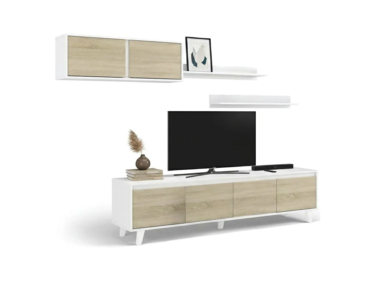 Daless wandsysteem, TV-meubel woonkamermeubel, Woonkamersamenstelling met wandmeubel en plank, 200x50h41 cm, Wit en Eiken