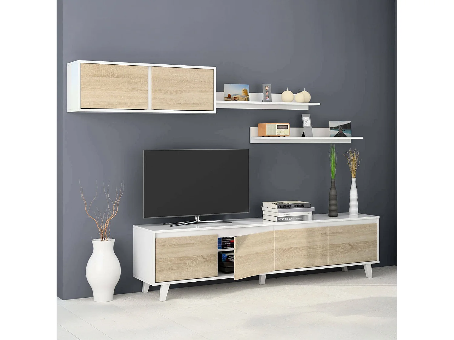 Daless wandsysteem, TV-meubel woonkamermeubel, Woonkamersamenstelling met wandmeubel en plank, 200x50h41 cm, Wit en Eiken