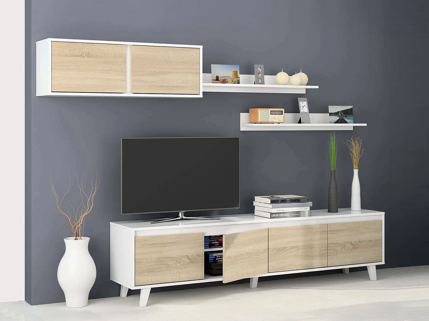 Daless wandsysteem, TV-meubel woonkamermeubel, Woonkamersamenstelling met wandmeubel en plank, 200x50h41 cm, Wit en Eiken