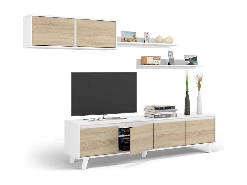 Système mural Daless, meuble TV meuble de salon, Composition de salon avec élément mural et étagère, 200x50h41 cm, Blanc et Chêne