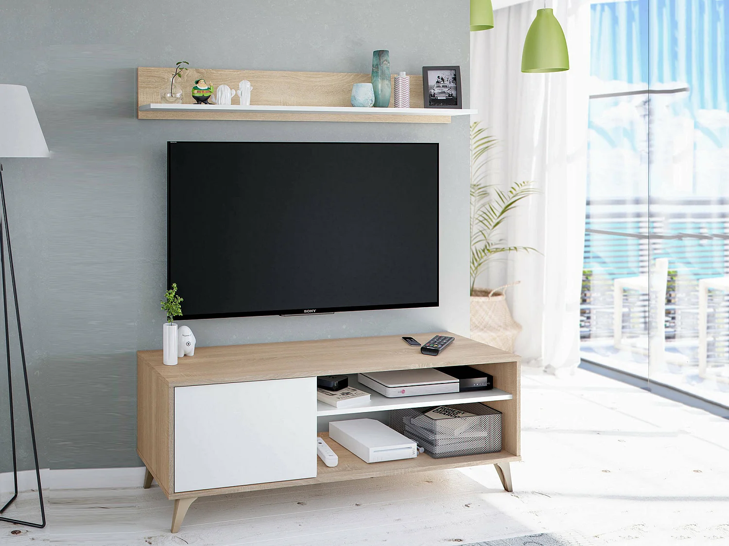 Meuble TV Dhuijse, Buffet pour télévision de salon avec 1 porte, Meuble TV de salon, Buffet design, 135x40h50 cm, Chêne