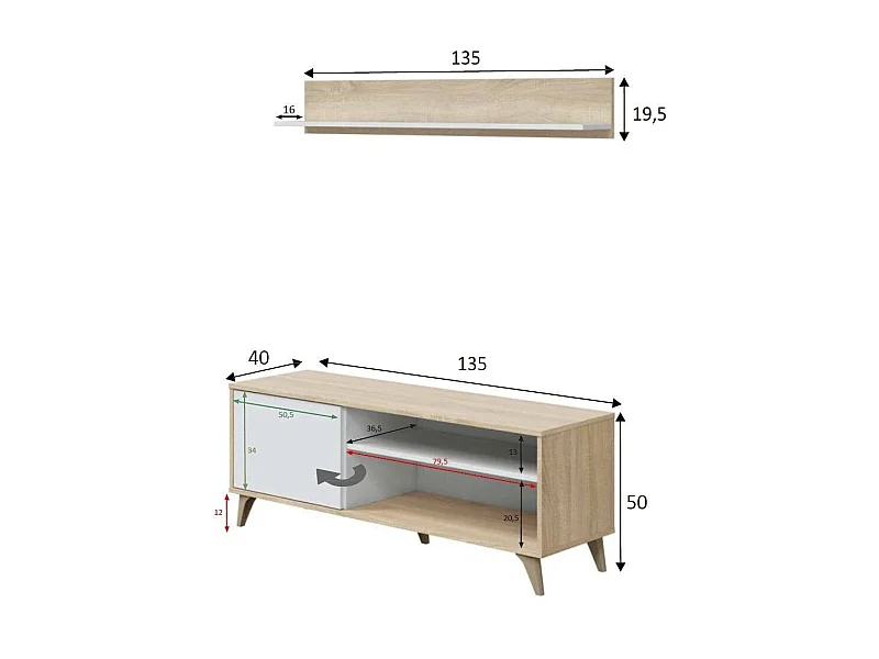 Meuble TV Dhuijse, Buffet pour télévision de salon avec 1 porte, Meuble TV de salon, Buffet design, 135x40h50 cm, Chêne