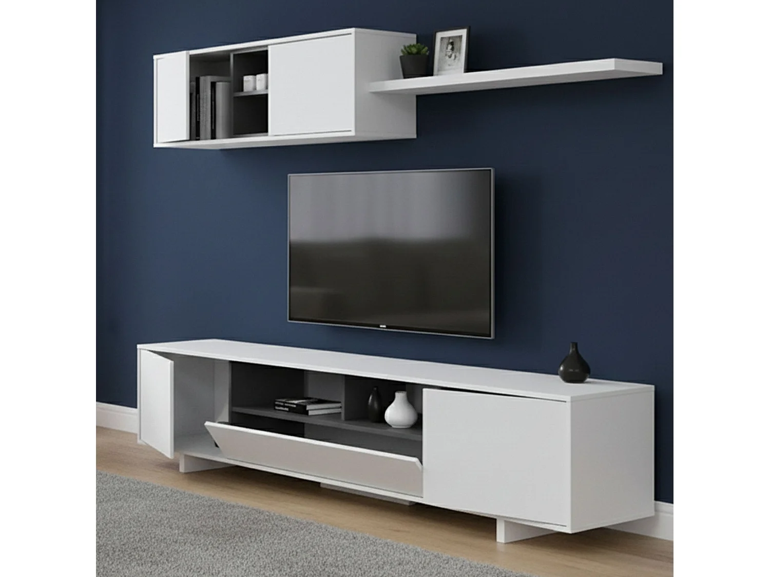 Système mural Dafanti, meuble TV, composition d'ensemble de salon, ensemble de salon avec unité murale, 200x41h46 cm, blanc brillant