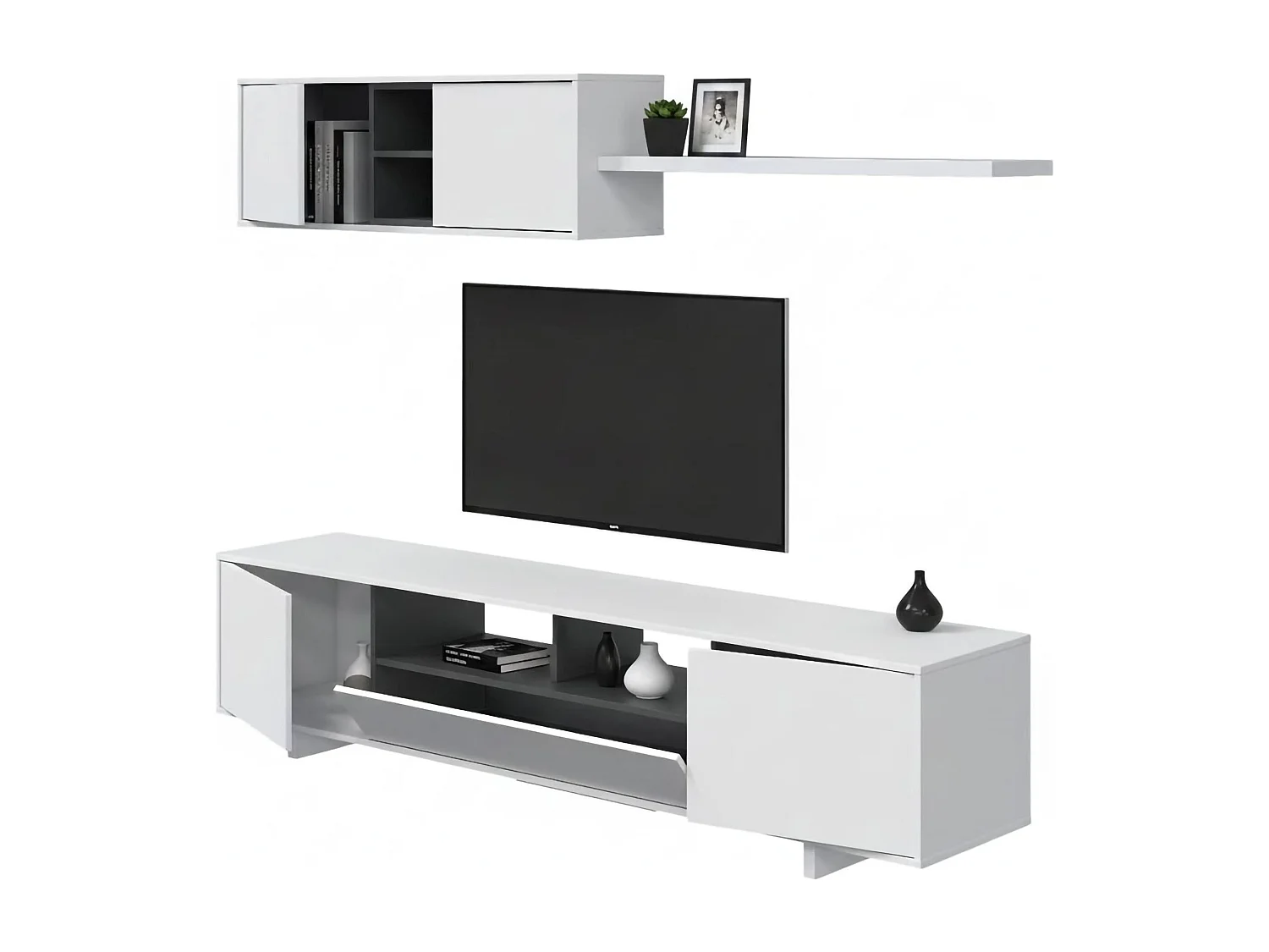 Système mural Dafanti, meuble TV, composition d'ensemble de salon, ensemble de salon avec unité murale, 200x41h46 cm, blanc brillant