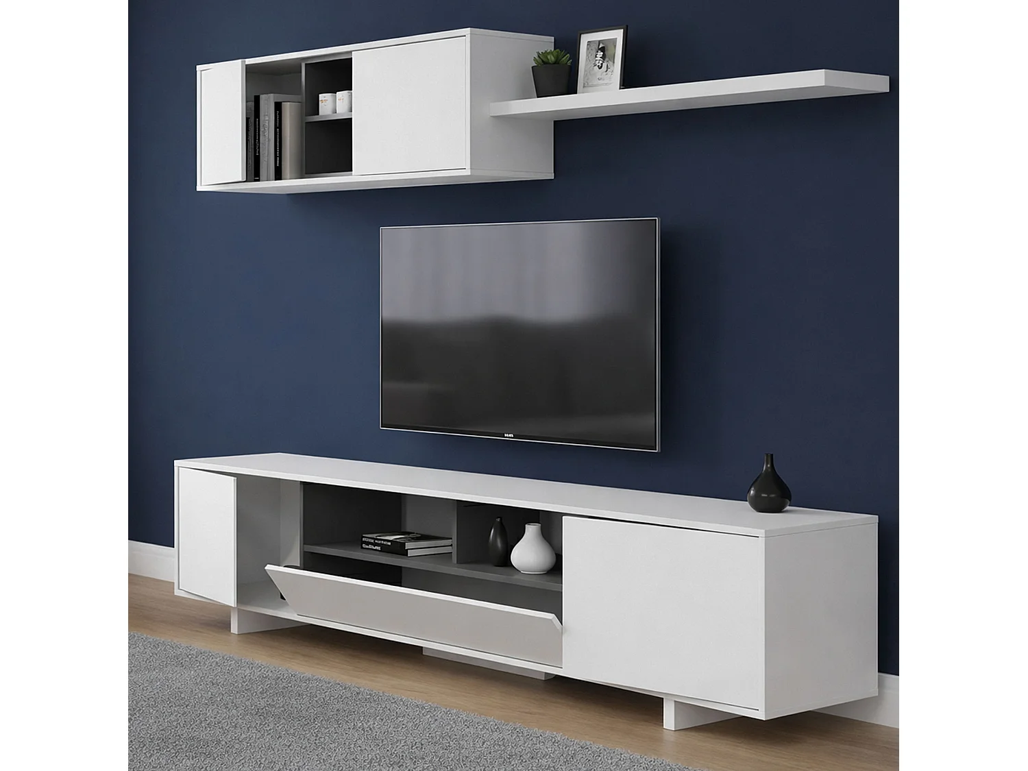Mueble de pared Angora, 8 estantes, blanco brillante, mueble de salón, apertura abatible, basculante, 5 puertas