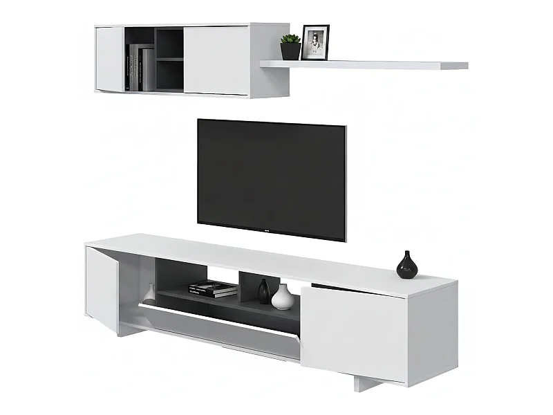 Einbaufertige Wand Dafanti, TV-Ständer für Wohnzimmer, Zusammensetzung des Wohnzimmersets, Wohnzimmergarnitur mit Schrankwand, 200x41h46 cm, Glänzend WeiÃŸ