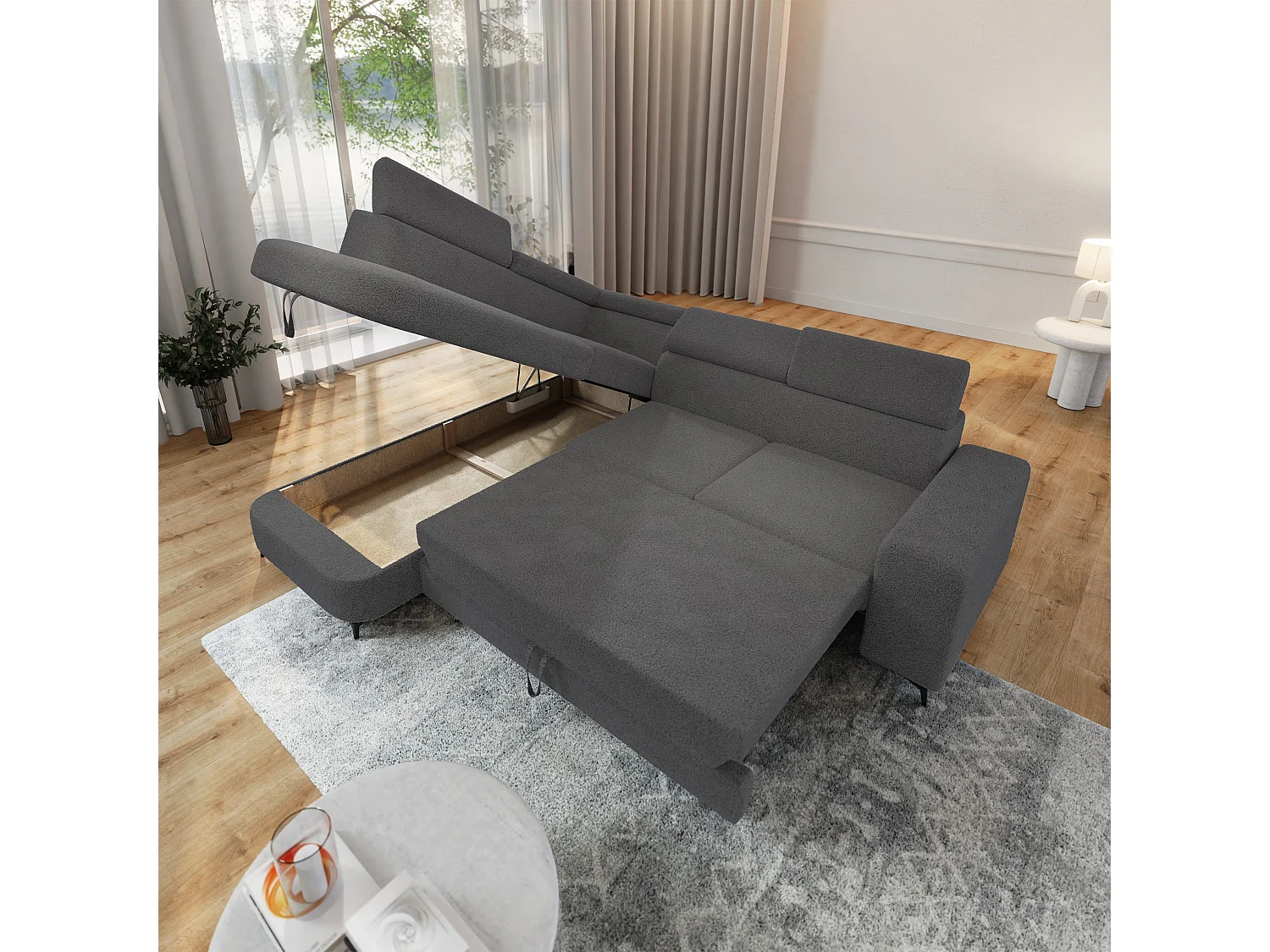Hoekbank ALVORO van fluweel met slaapfunctie Grau
