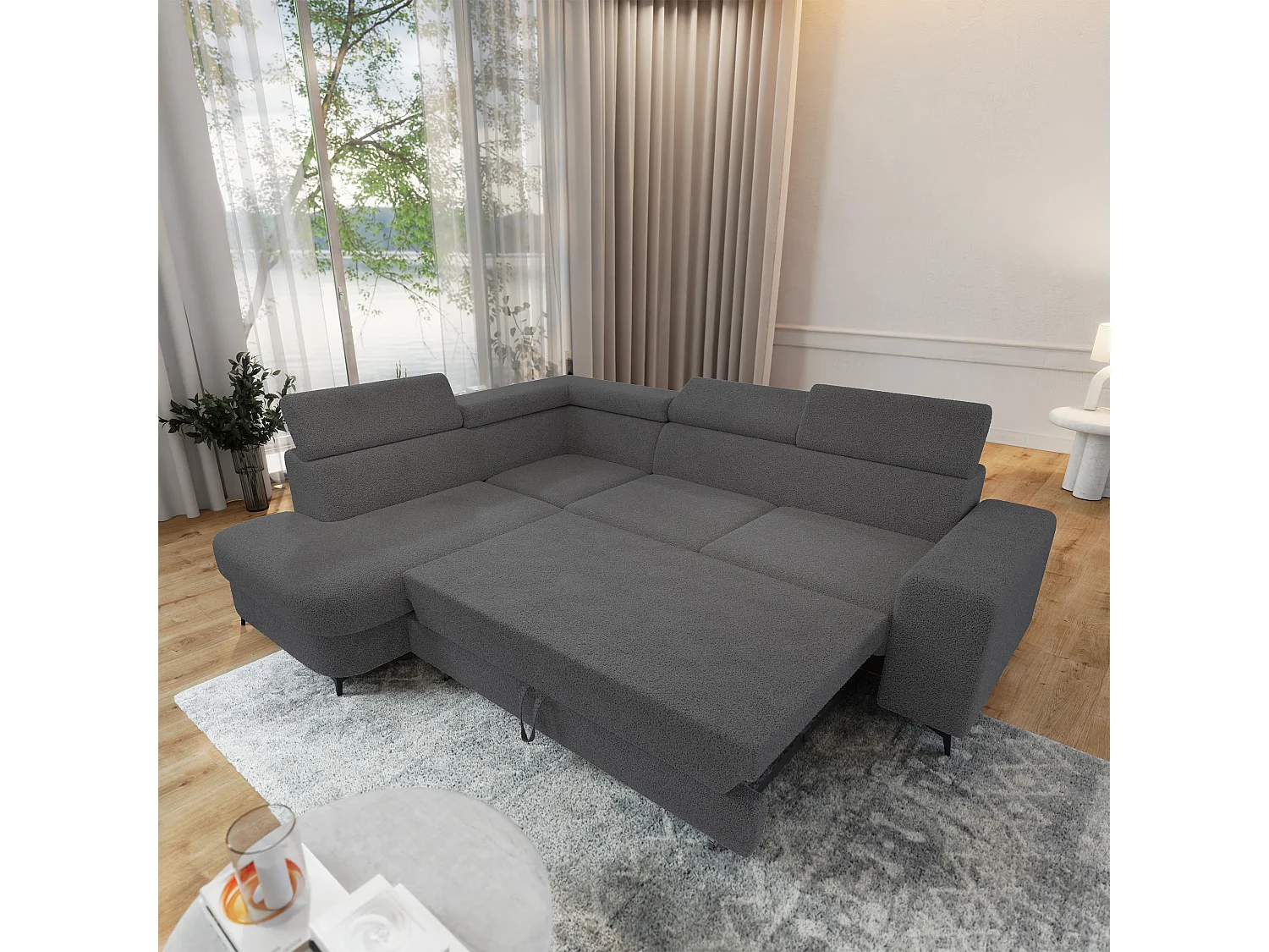 Hoekbank ALVORO van fluweel met slaapfunctie Grau