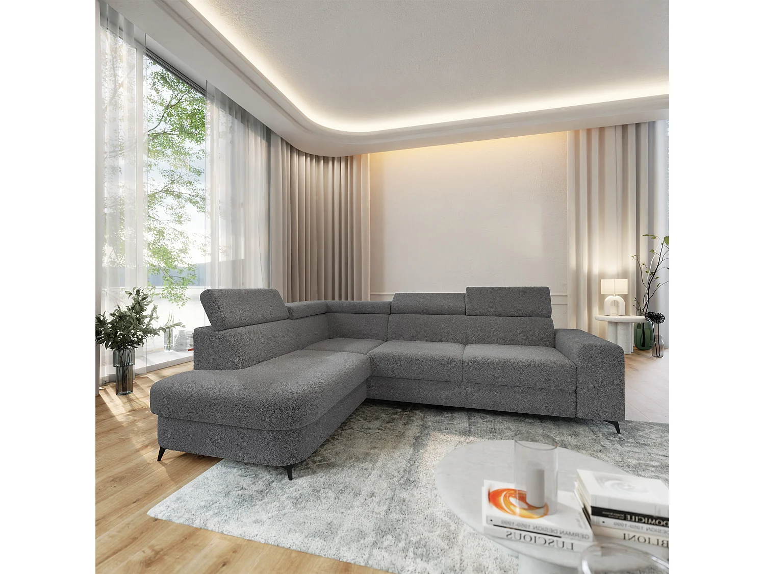 Hoekbank ALVORO van fluweel met slaapfunctie Grau