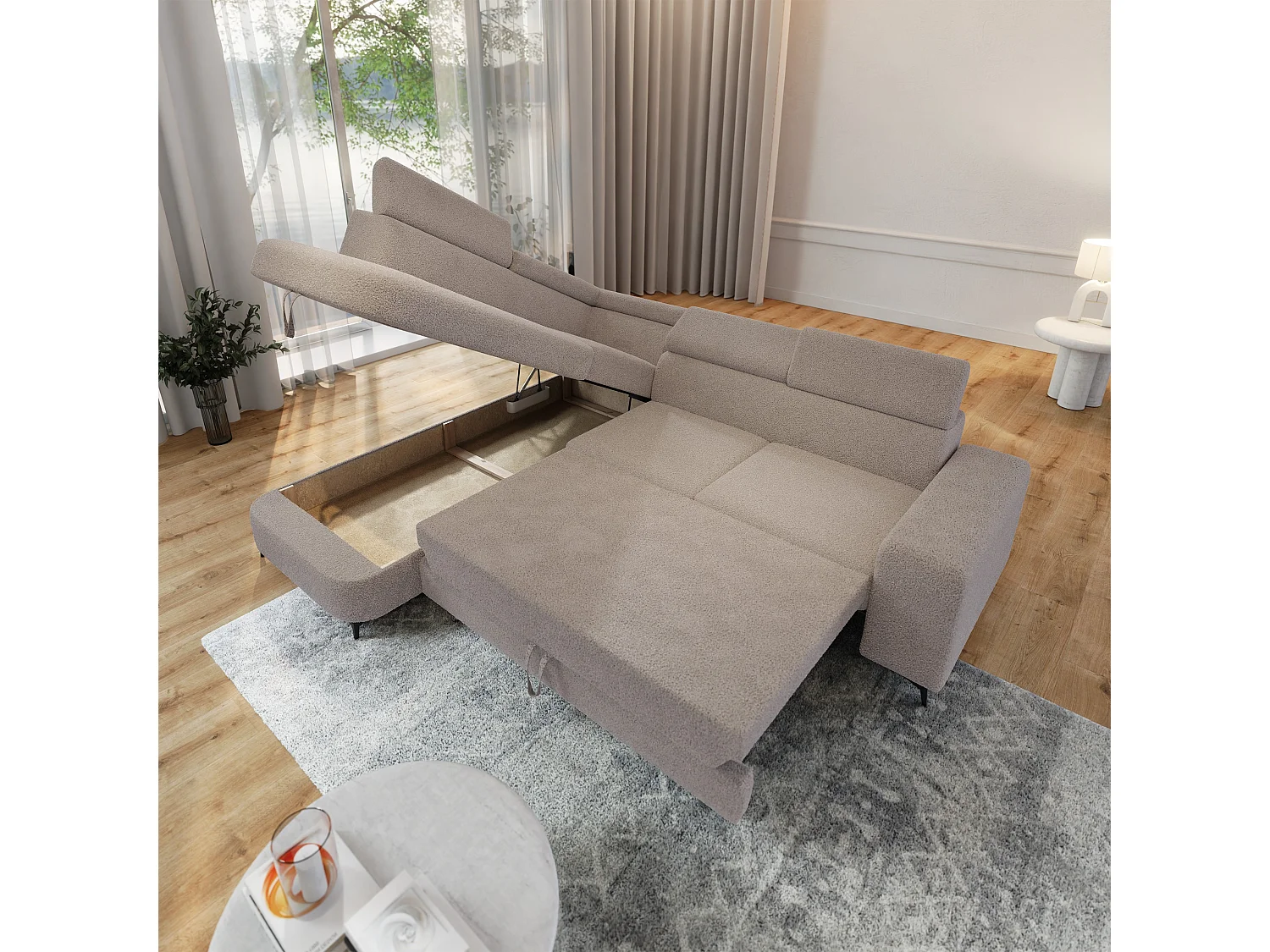 Hoekbank ALVORO van fluweel met slaapfunctie Beige