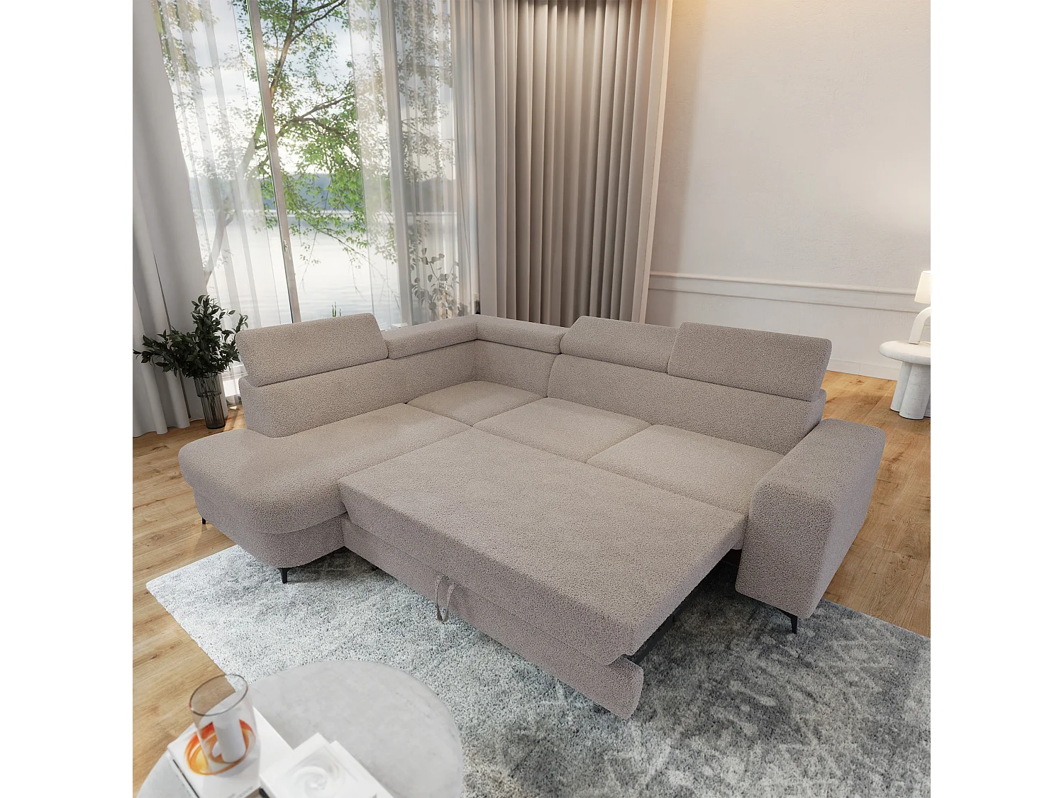 Hoekbank ALVORO van fluweel met slaapfunctie Beige