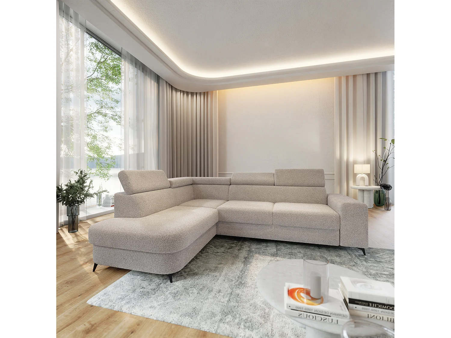 Hoekbank ALVORO van fluweel met slaapfunctie Beige