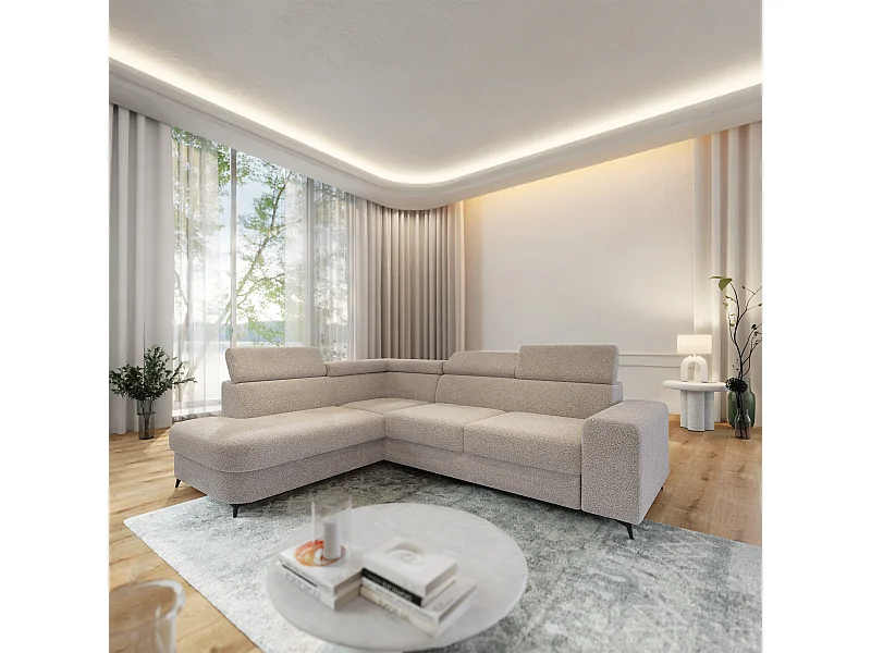 Canapé d'angle ALVORO Beige en bouclé avec fonction de couchage