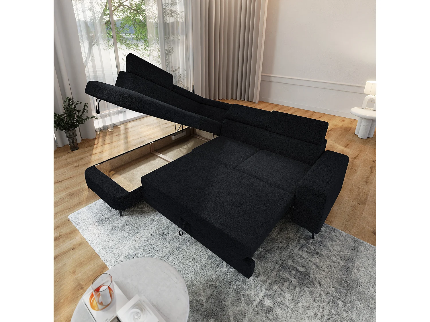 Hoekbank ALVORO van fluweel met slaapfunctie Schwarz