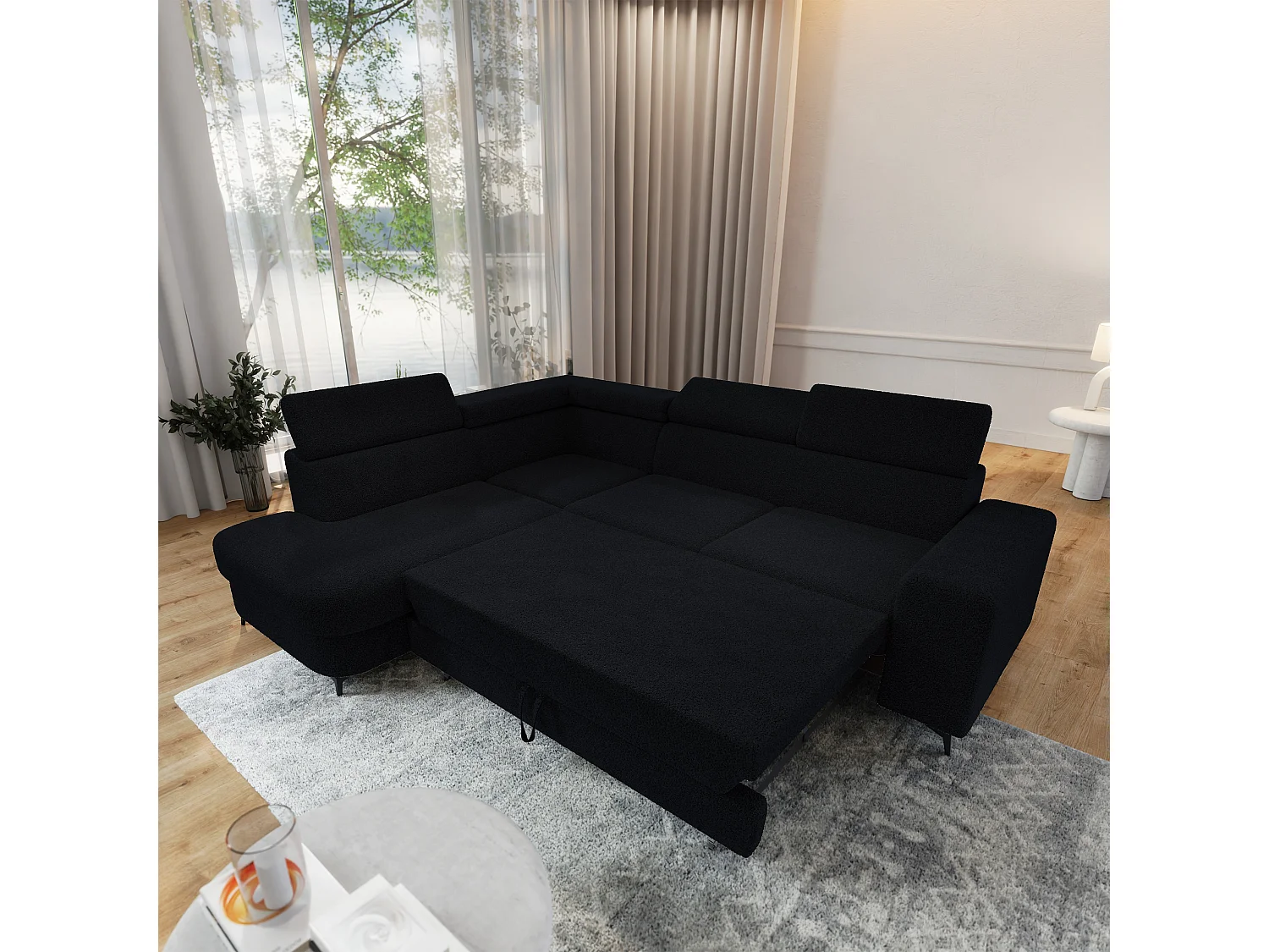 Hoekbank ALVORO van fluweel met slaapfunctie Schwarz