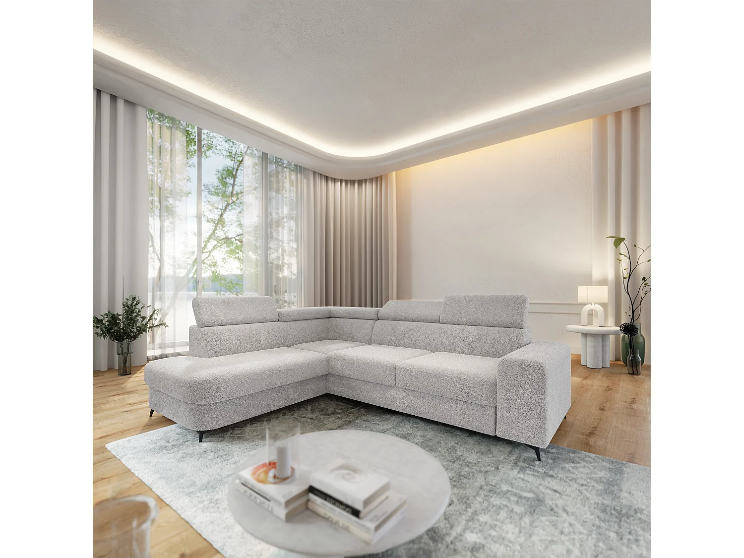 Hoekbank ALVORO van fluweel met slaapfunctie Hellgrau