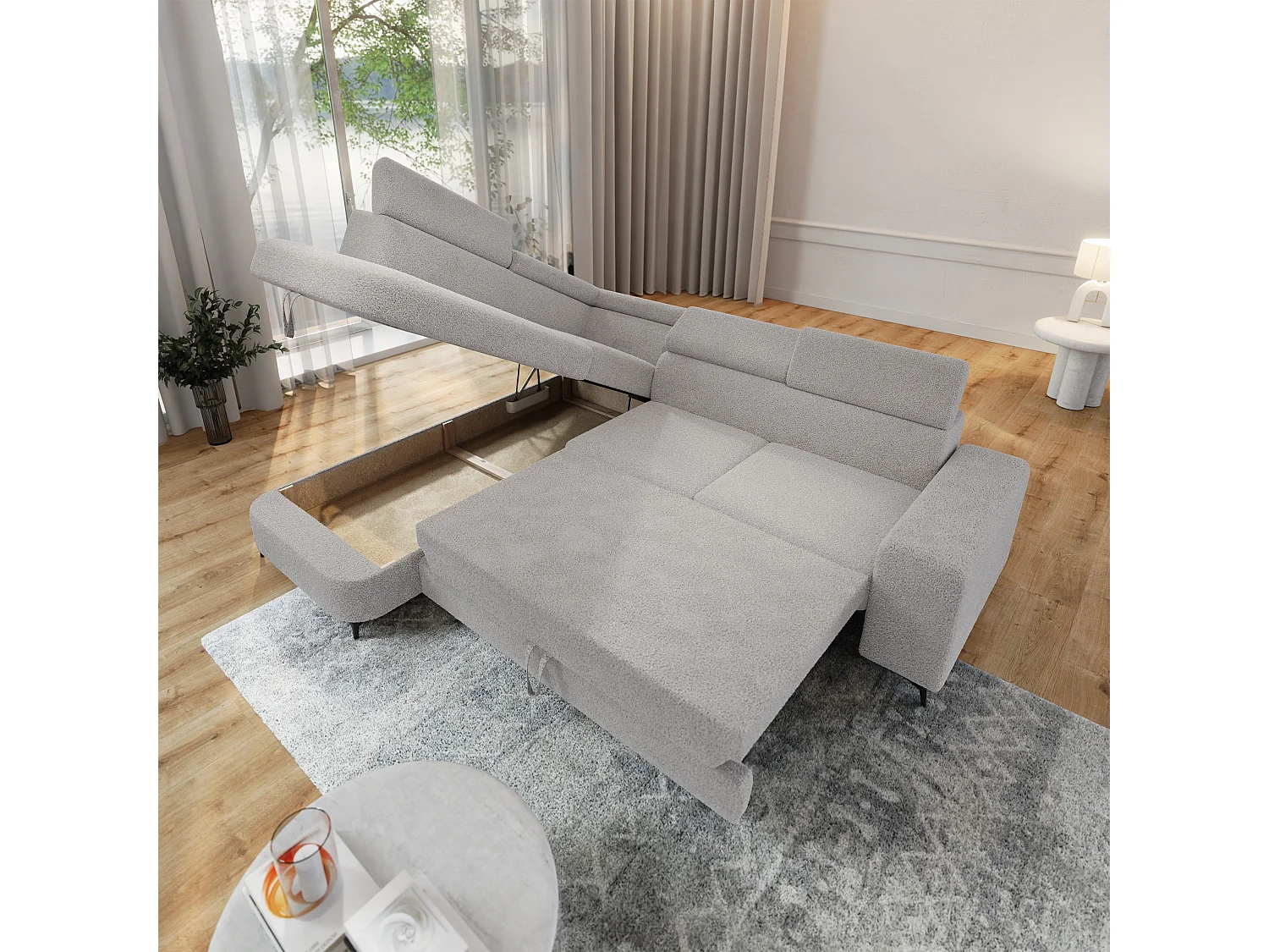Hoekbank ALVORO van fluweel met slaapfunctie Hellgrau