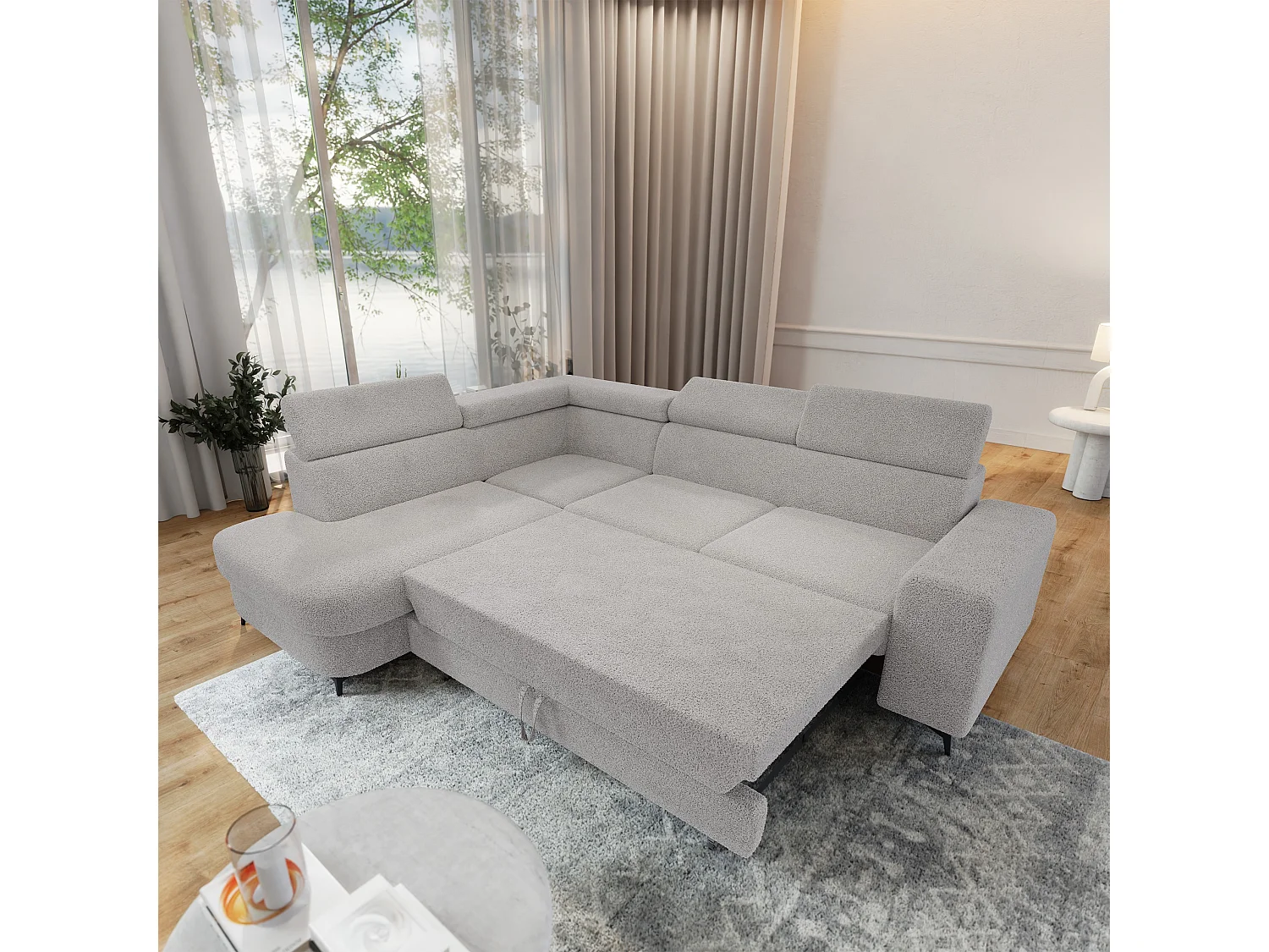 Hoekbank ALVORO van fluweel met slaapfunctie Hellgrau