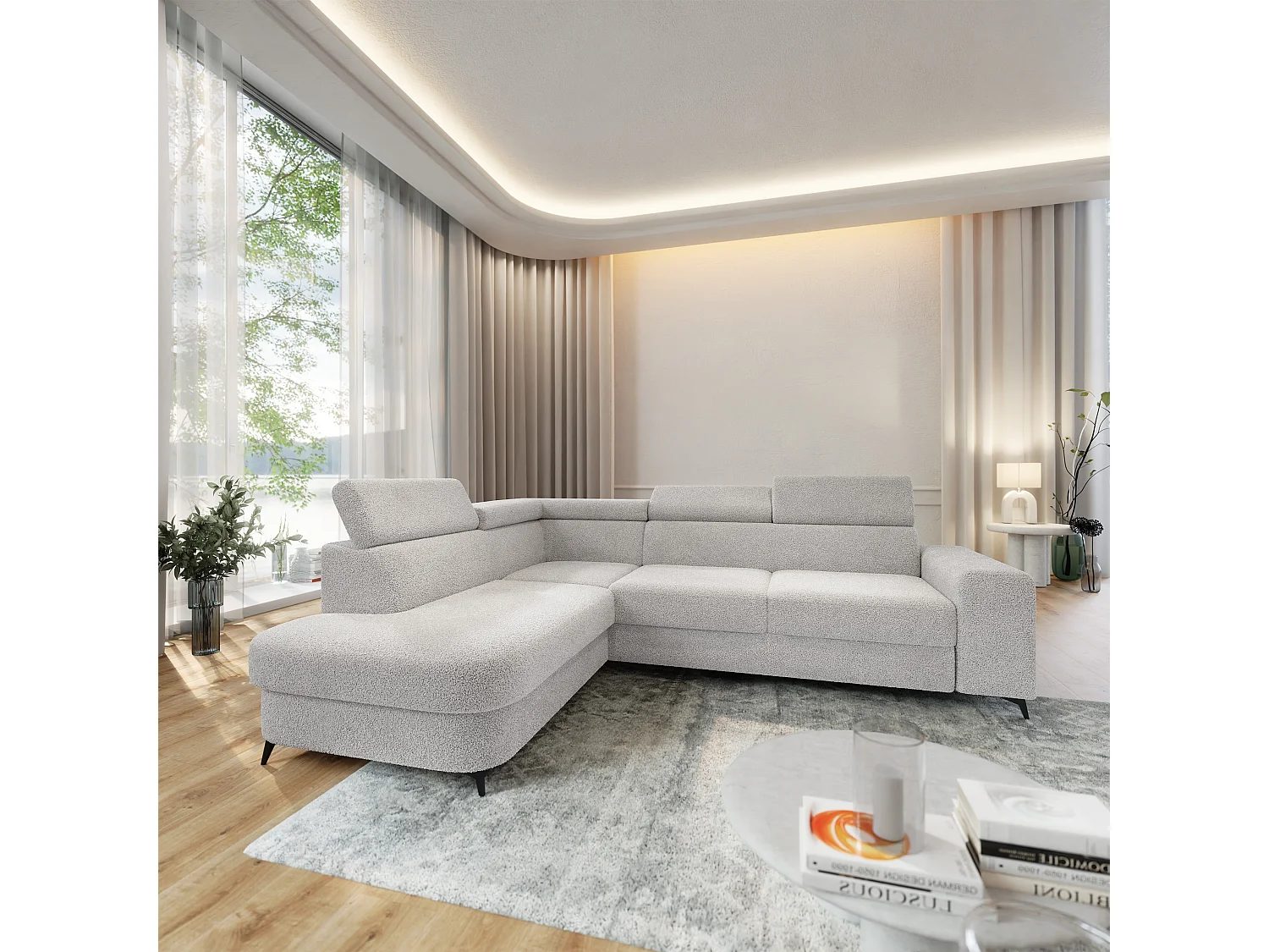 Hoekbank ALVORO van fluweel met slaapfunctie Hellgrau