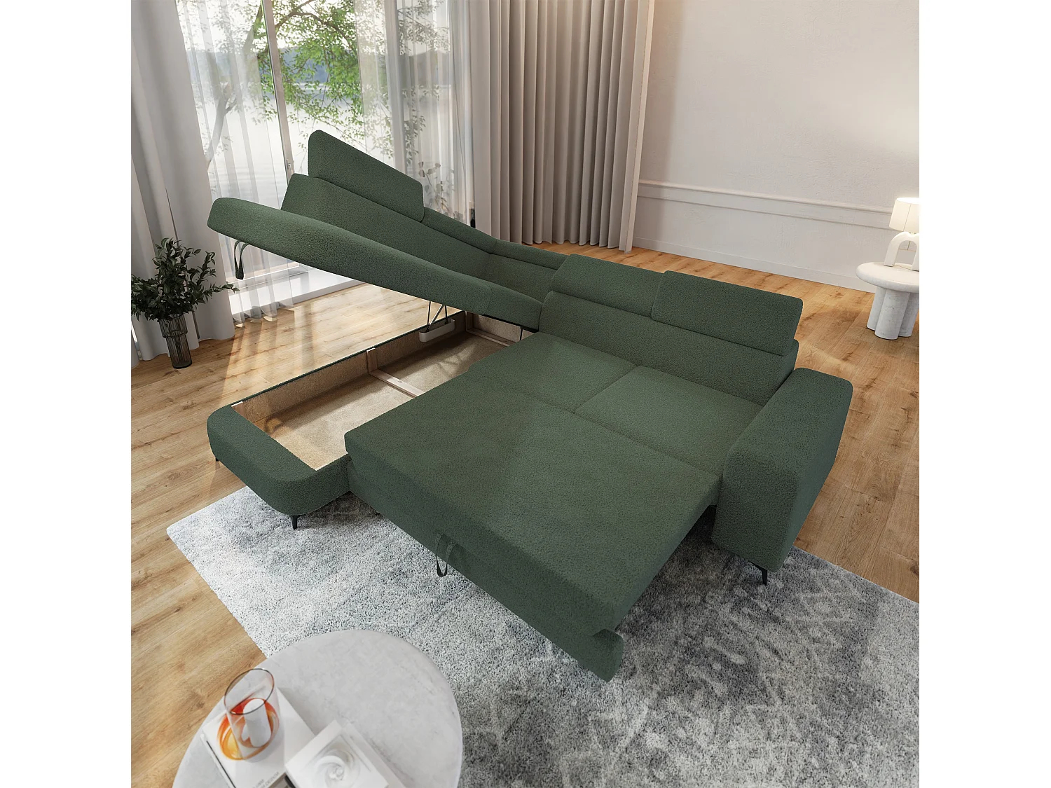 Hoekbank ALVORO van fluweel met slaapfunctie Grün
