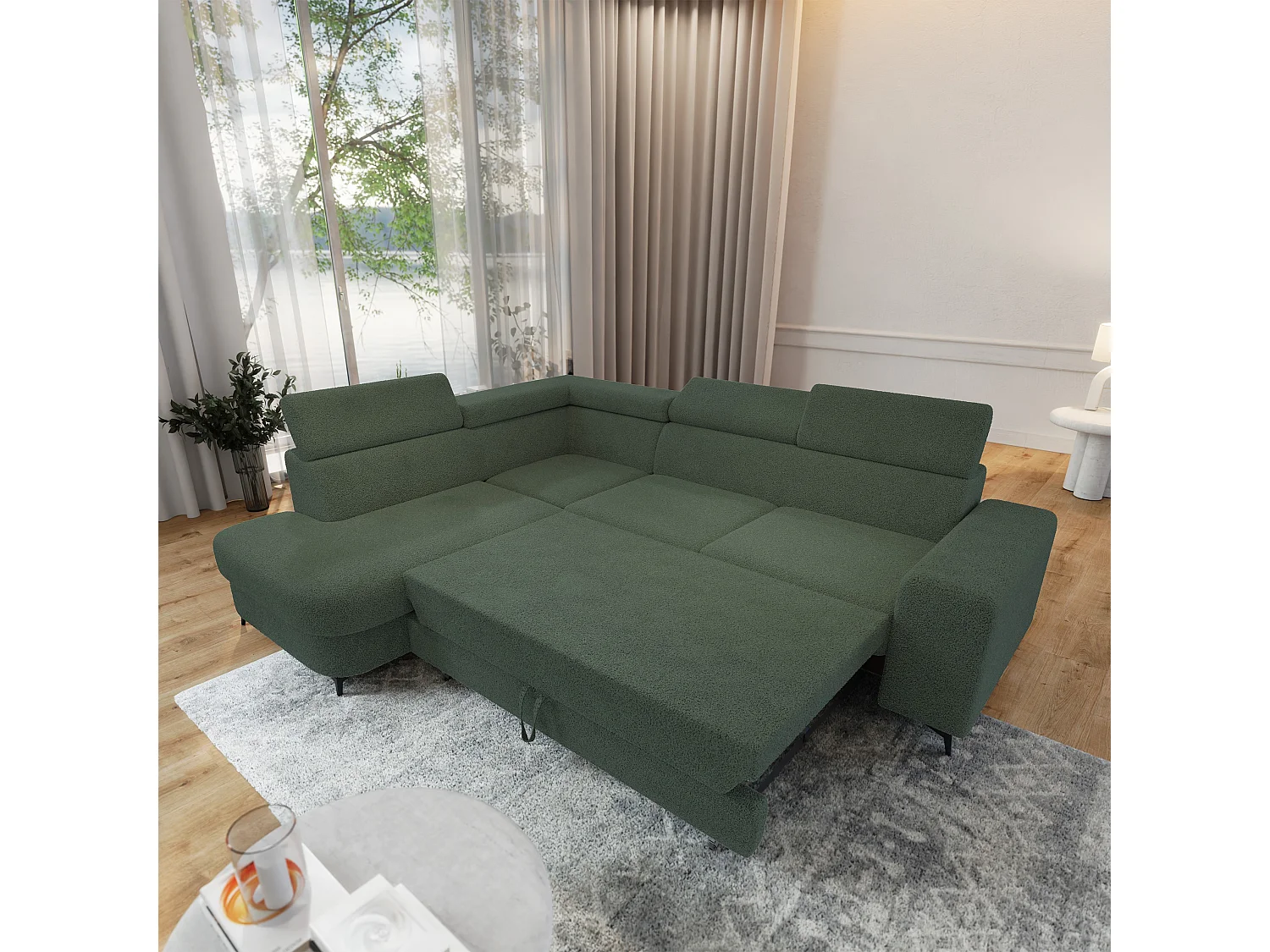 Hoekbank ALVORO van fluweel met slaapfunctie Grün