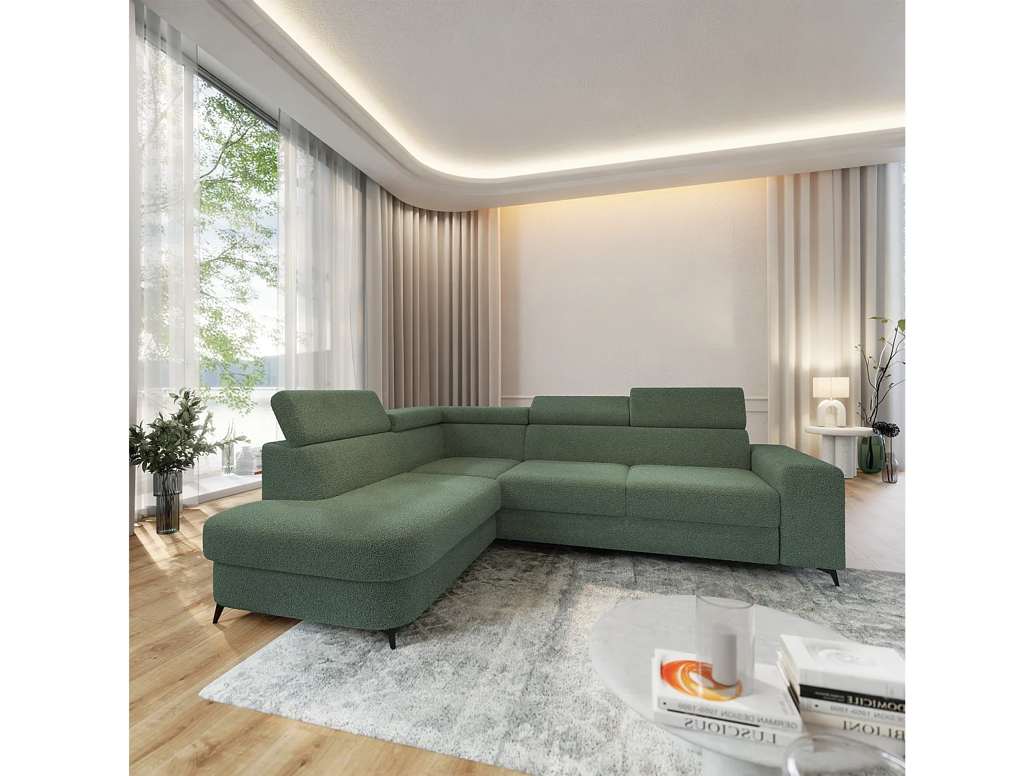 Hoekbank ALVORO van fluweel met slaapfunctie Grün