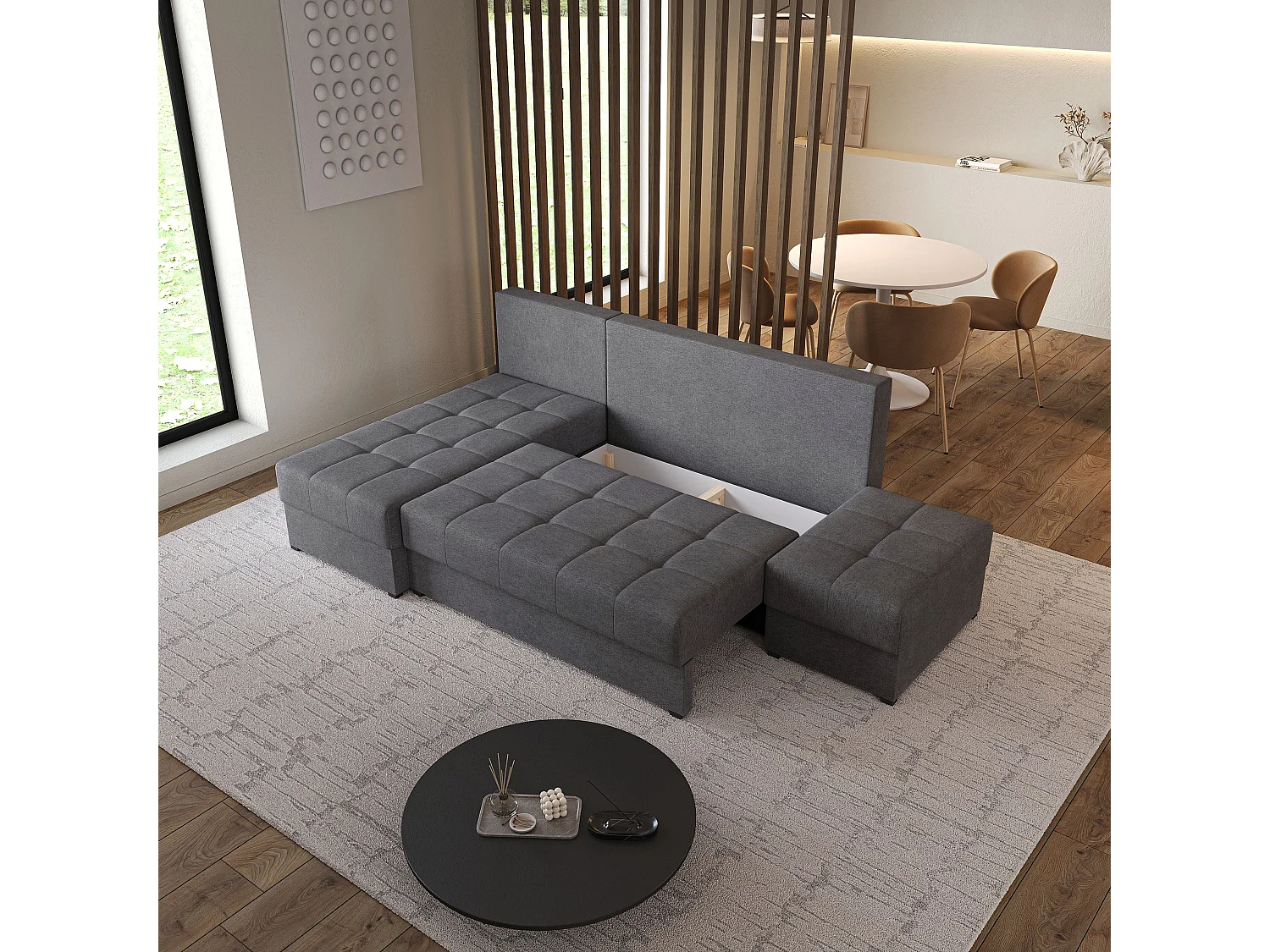 Hoekbank NORVI van fluweel met slaapfunctie Grau
