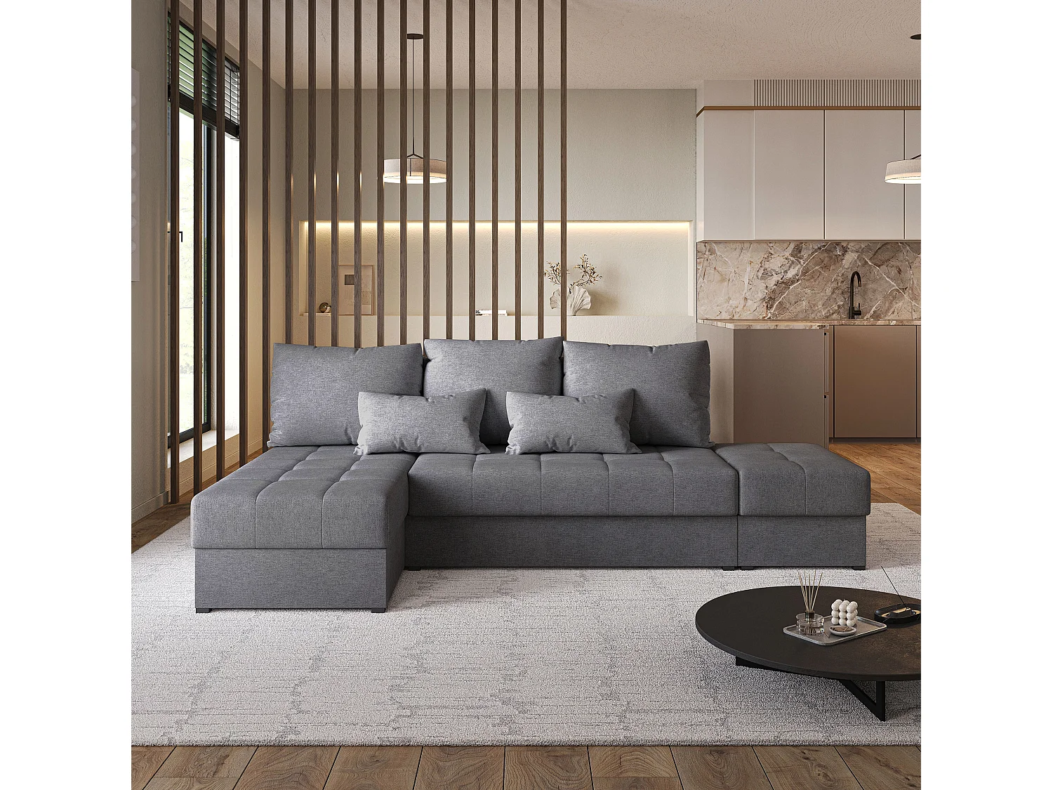 Hoekbank NORVI van fluweel met slaapfunctie Grau